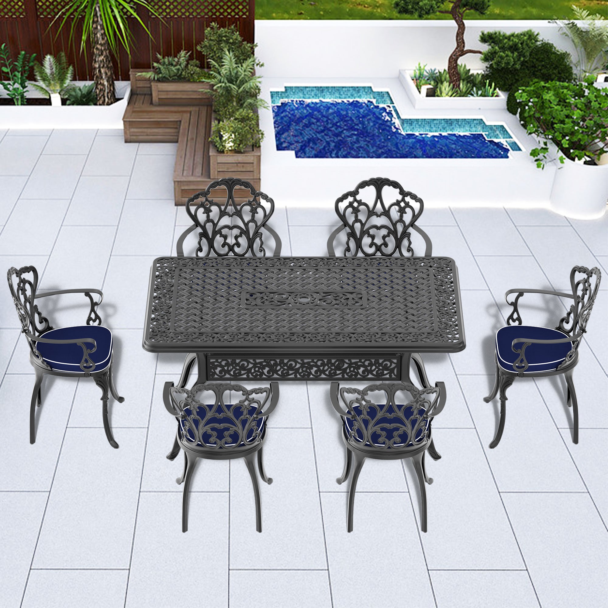 (Cushions In  Random Colors)7-Piece Set Of Cast Aluminum Patio Furniture With  Cushions--1