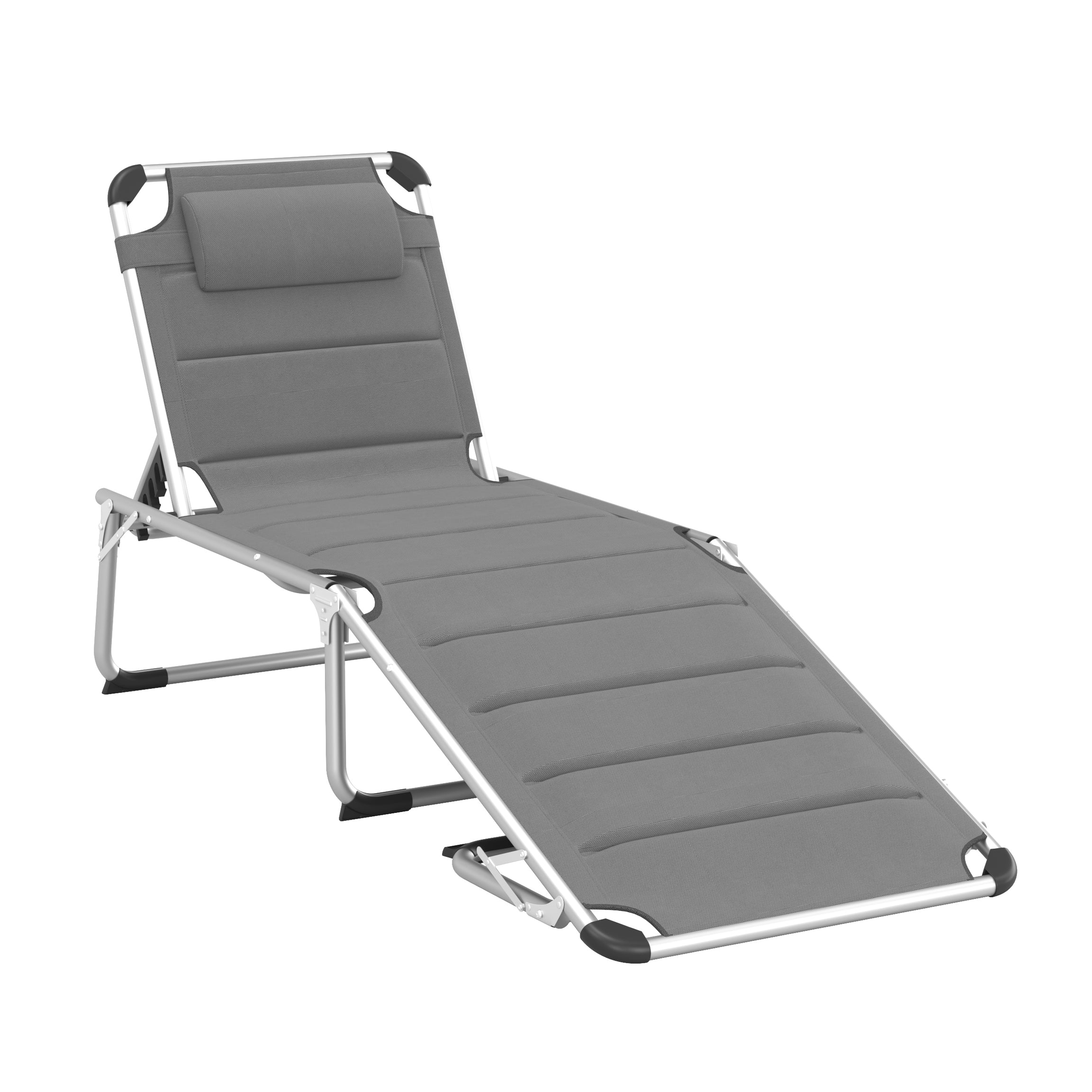 Outsunny Foldable Outdoor Chaise Lounge Chair, 5-Level Reclining Camping Tanning Chair with Aluminum Frame, Padding, and Headrest for Beach, Yard, Patio, Pool, Gray--1