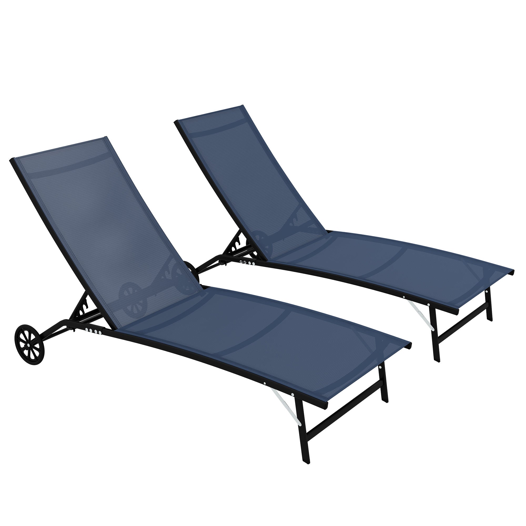 Outsunny Chaise Lounge Outdoor, 2 Piece Lounge Chair with Wheels, Tanning Chair with 5 Adjustable Position for Patio, Beach, Yard, Pool, Dark Blue--1