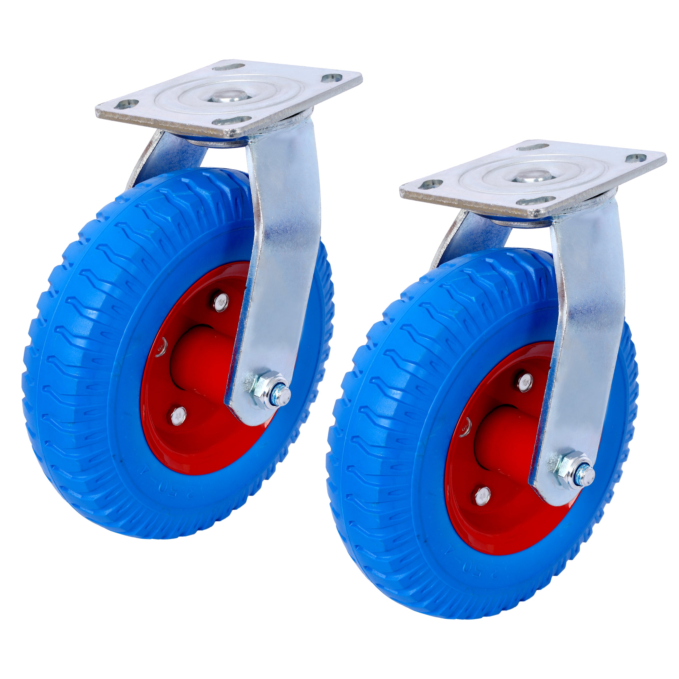 2PCS 8IN CASTER FLAT FREE WHEEL, SWIVEL Caster Wheel,Steel Hub with Ball Bearings, 5/8-Inch Bore Centered Axle -Blue--1