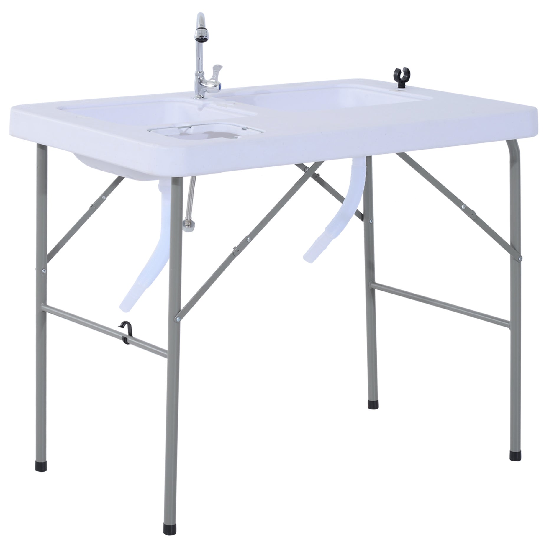 Outsunny Folding Camping Table with Faucet and Dual Water Basins, Outdoor Fish Table Sink Station, for Picnic, Fishing, 40''--1