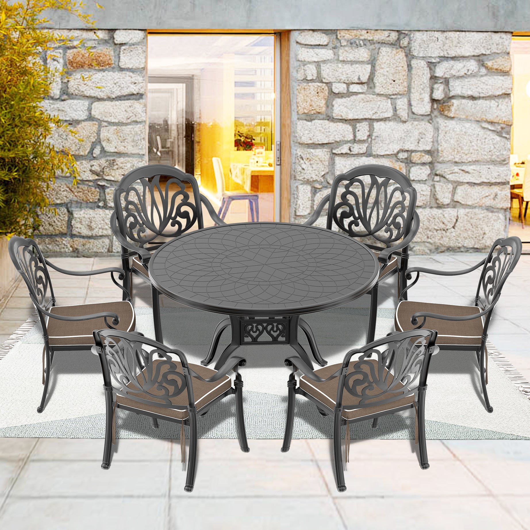 (Cushions In  Random Colors)7-Piece Set Of Cast Aluminum Patio Furniture With  Cushions--1