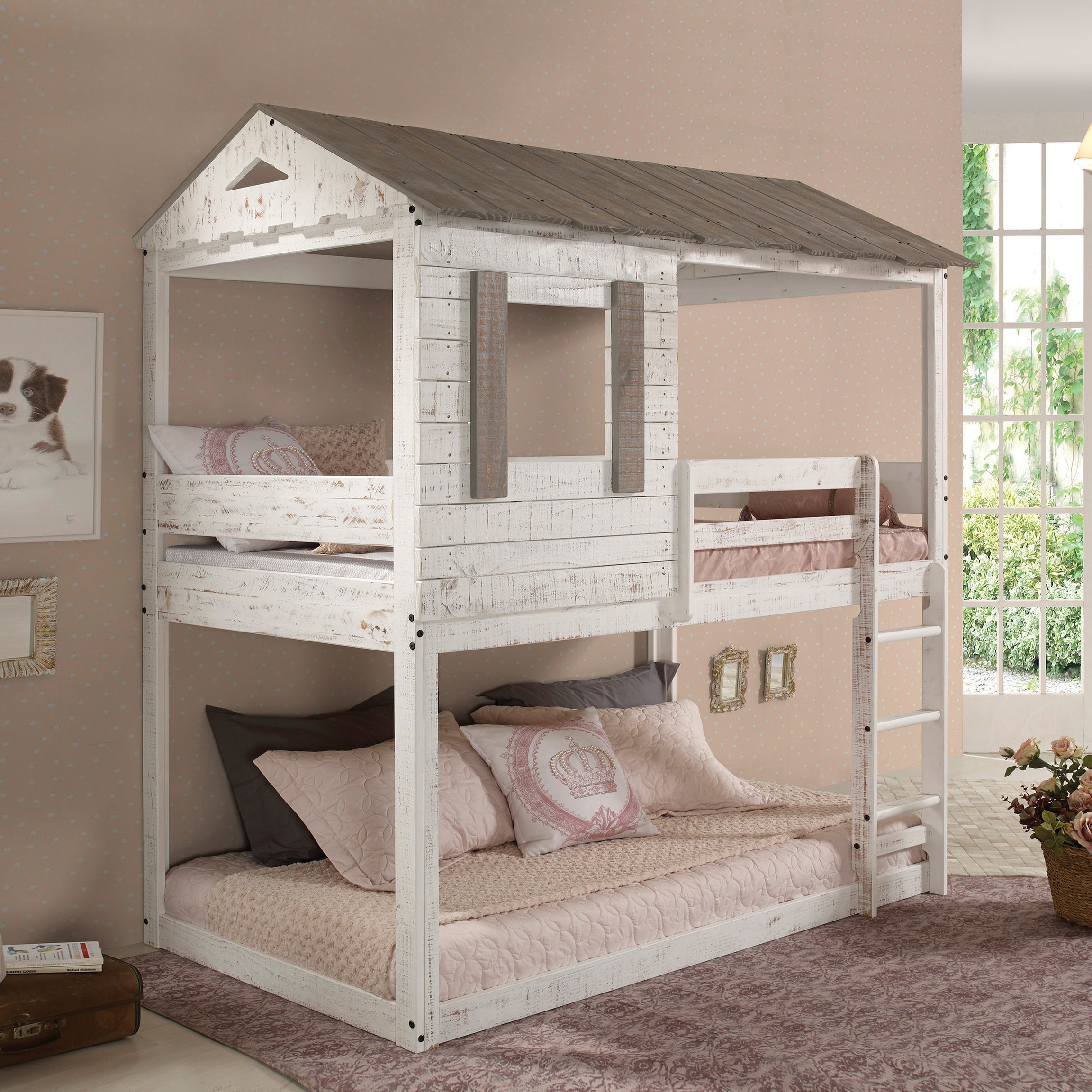 Rustic White Twin Over Twin Bunk Bed with Built-in Ladder--1