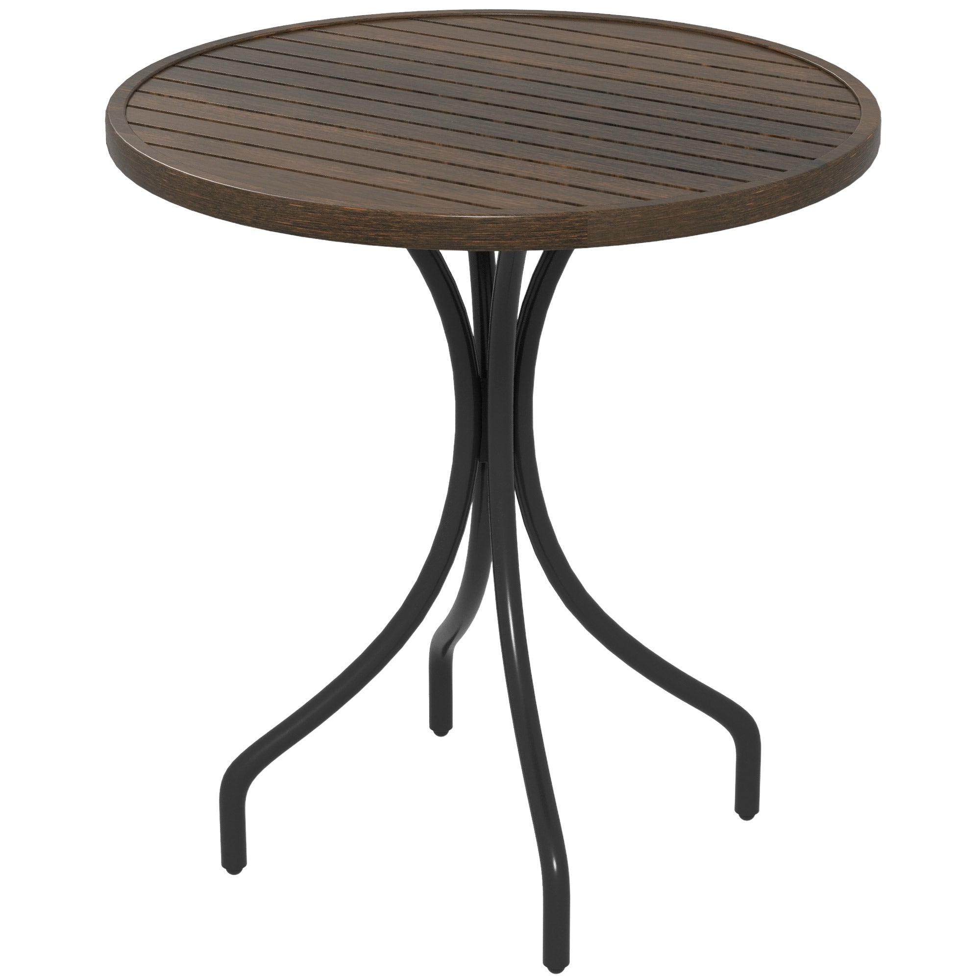 Outsunny Outdoor Side Table, 26" Round Patio Table with Steel Frame and Slat Tabletop for Garden, Backyard, Porch, Balcony, Distressed Brown--1