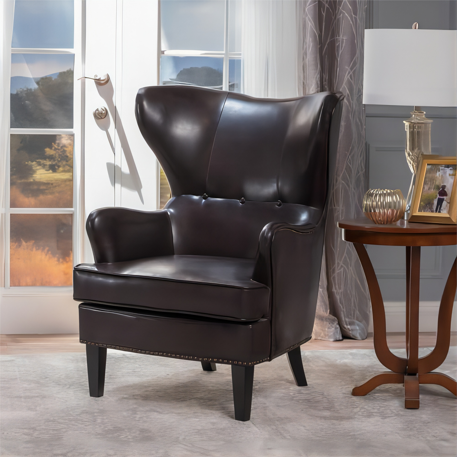 Elegant High Back Chair in Dark Brown PU Leather, Luxurious and Comfortable Design, Dimensions: 31 inches (Length) x 32.75 inches (Width) x 41.25 inches (Height)--1