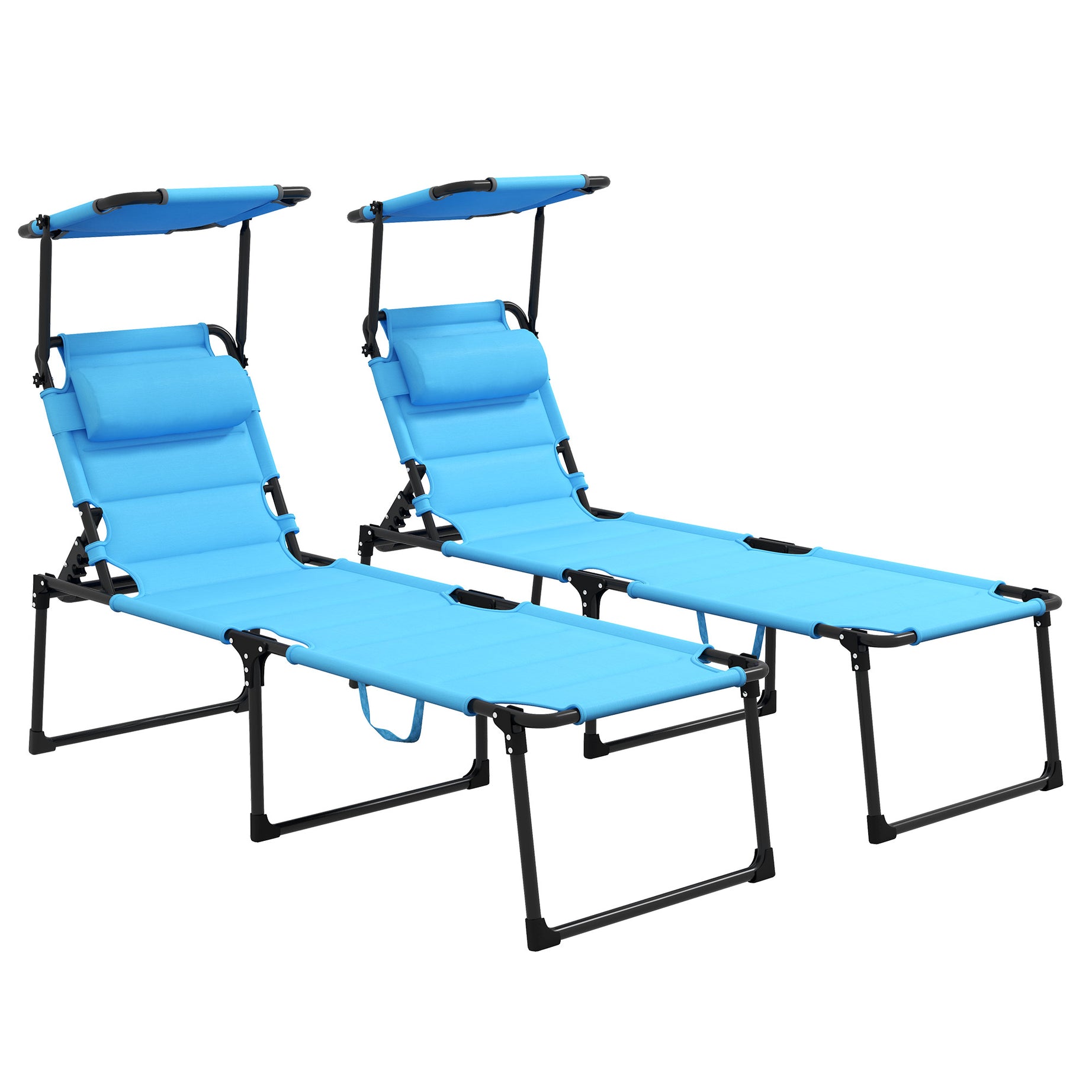 Outsunny 2 Pcs Outdoor Lounge Chair, Adjustable Backrest Folding Chaise Lounge, Cushioned Tanning Chair w/Sunshade Roof & Pillow Headrest for Beach, Camping, Hiking, Light Blue--1