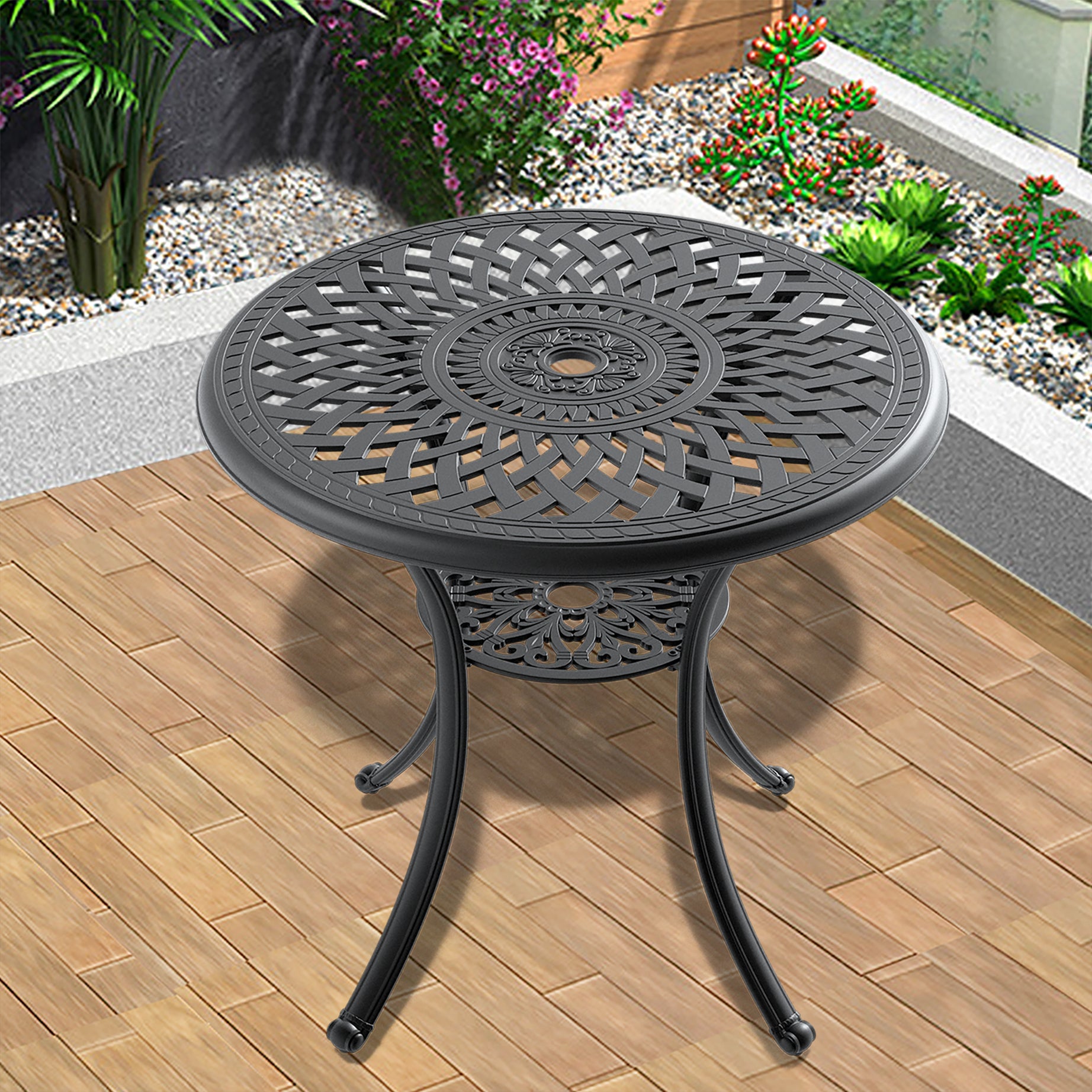 Ø30.71-inch Cast Aluminum Patio Dining Table With Black Frame and Umbrella Hole--1