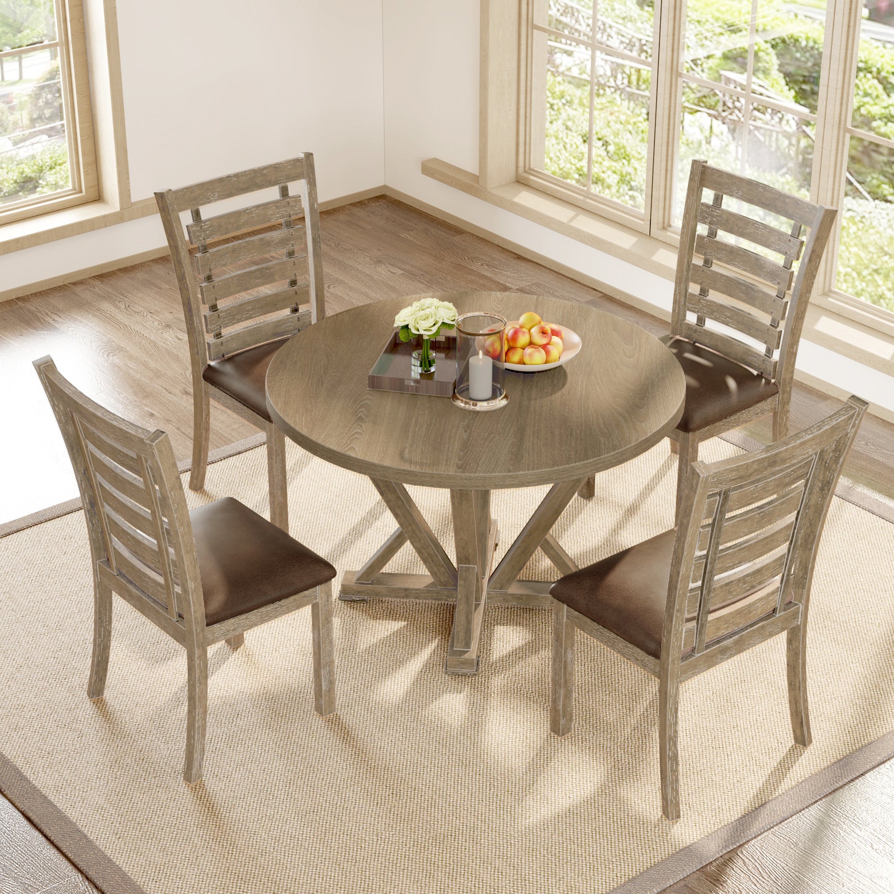 5pcs Table Set Round Dining Table Solid Wood Modern Farmhouse Rustic Look Distressed Look--1