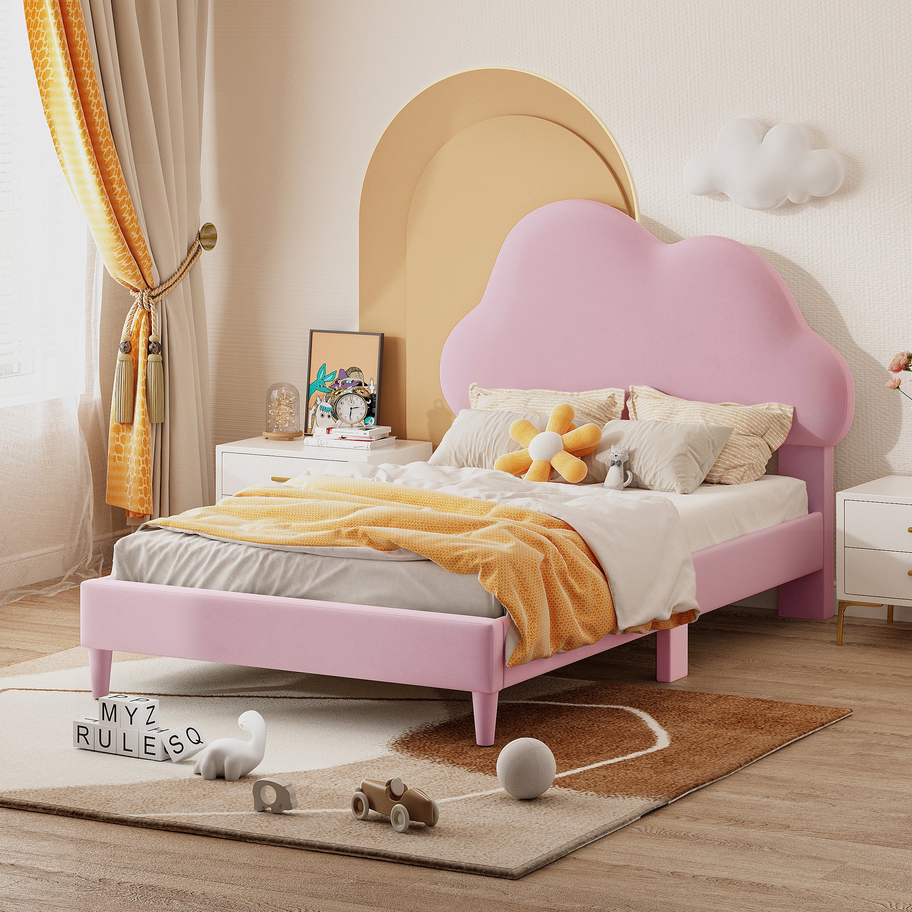 Twin Size Upholstered Cloud-Shape Bed ,Velvet Platform Bed with Headboard,No Box-spring Needed,Pink--1