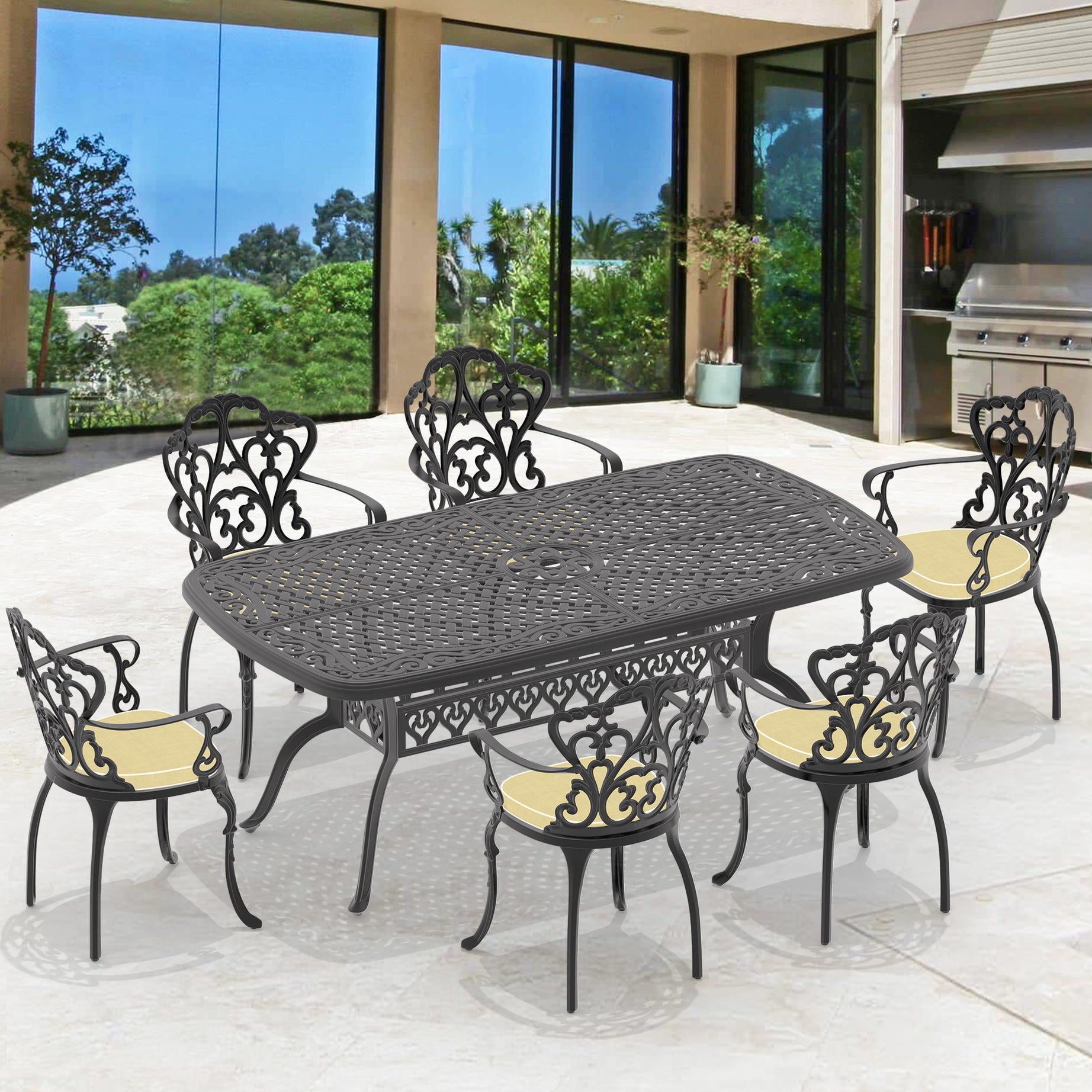 (Cushions In  Random Colors)7-Piece Set Of Cast Aluminum Patio Furniture With  Cushions--1