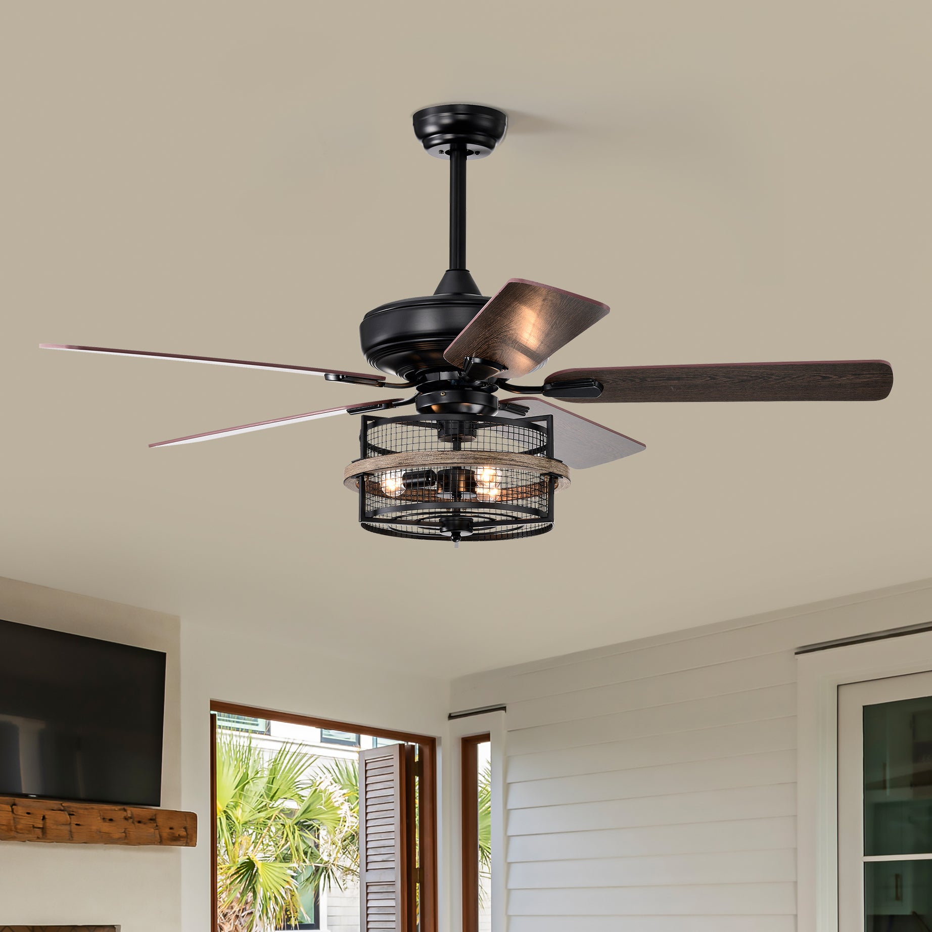 52 Inch Farmhouse Ceiling Fan with  Remote,3-Lights Ceiling Fan with  Light Fixture (No include Bulbs), Ceiling Fan for Patio,Living room,Bedroom --Black Matte+Wood Grain--1