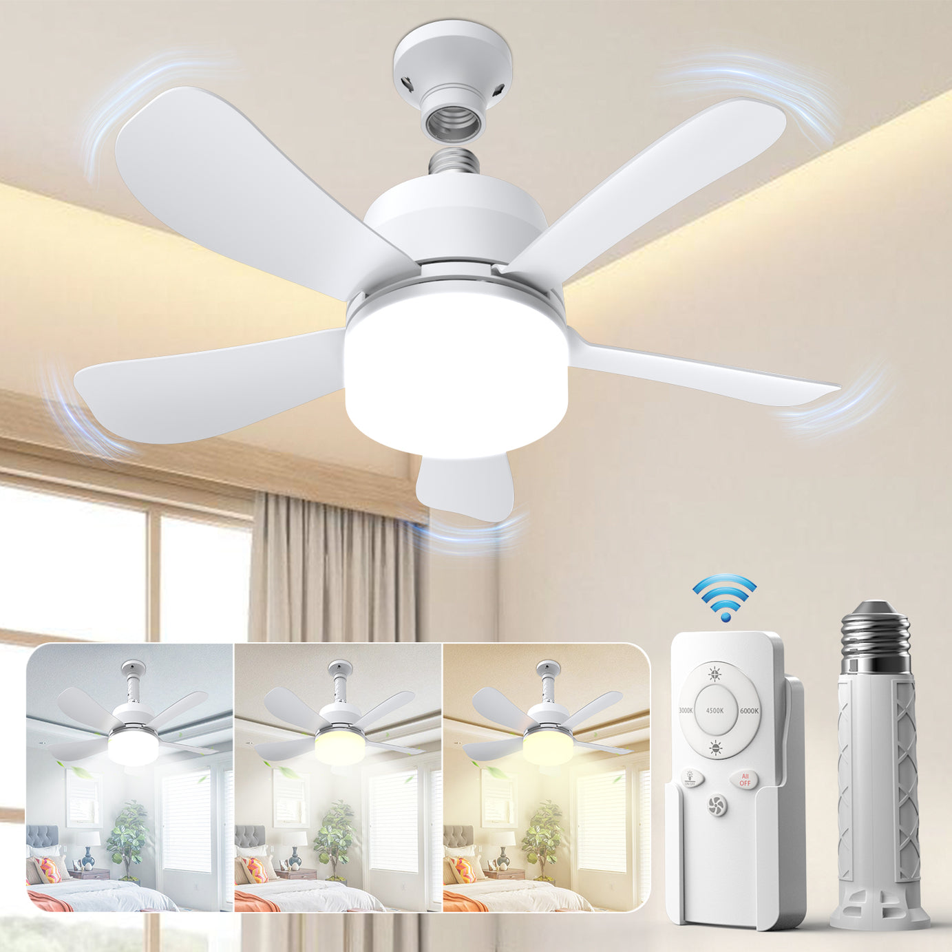 Socket Ceiling Fans with Dimmable Led Light E26 Screw Bulb Small Ceiling Fan for Bedroom Living Room Kitchen--1