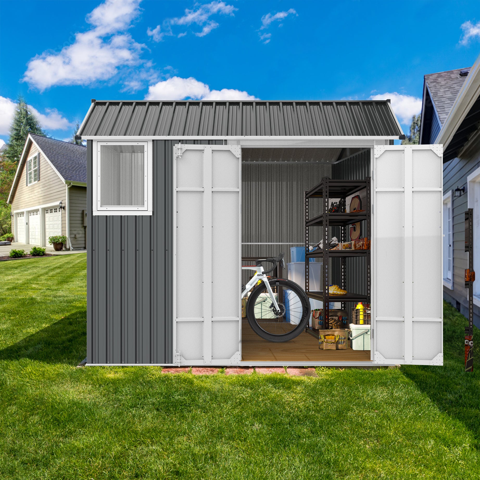 8x6 Ft Metal Outdoor Storage Shed with Window, Floor Base, Air Vents and Double Hinged Door--1