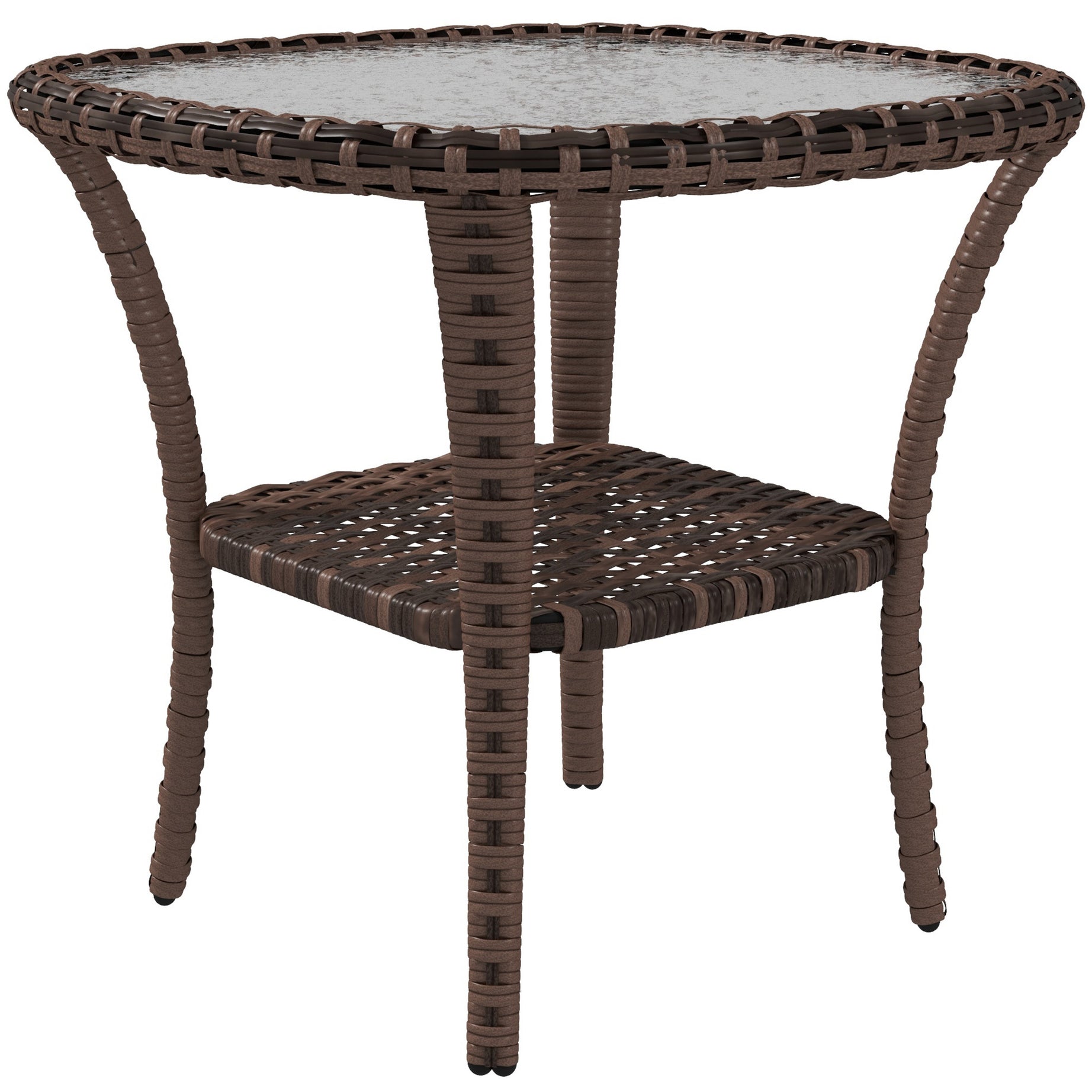 Outsunny Rattan Coffee Table with Storage Shelf, Wicker Side Table with Glass Top, Outdoor End Table for Garden, Porch, Backyard, Mix Brown--1