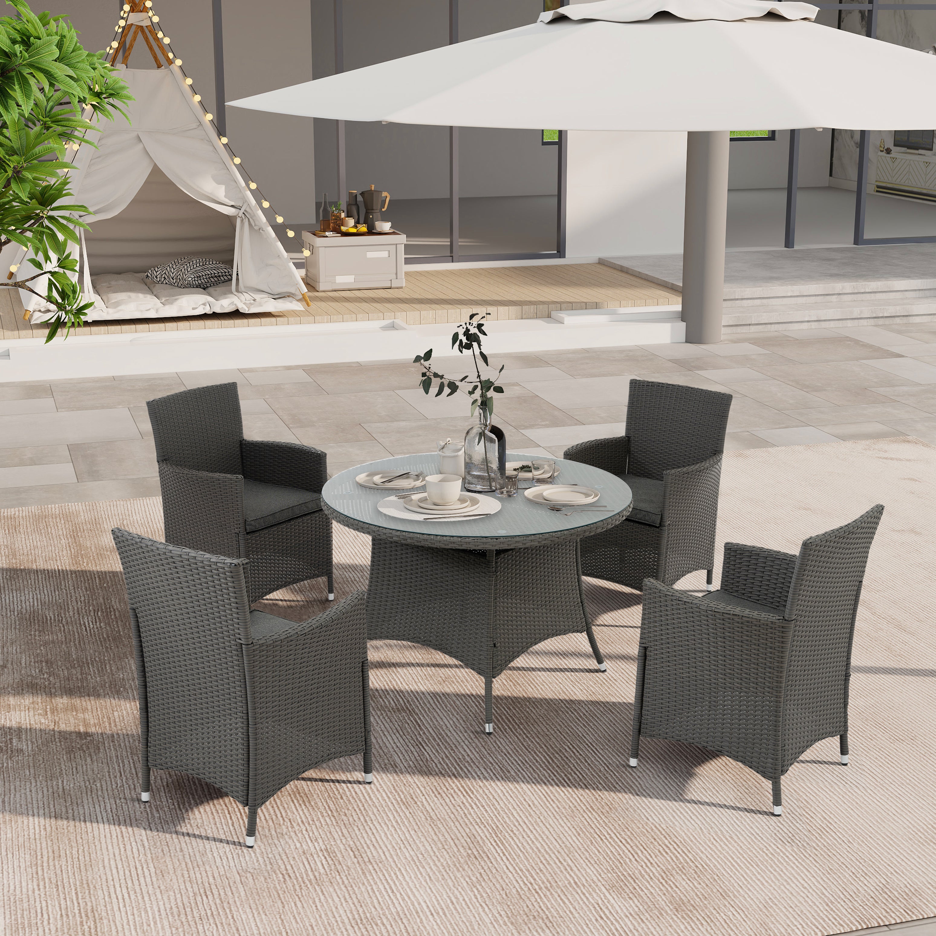 5 Piece Outdoor Dining Set All-Weather Wicker Patio Dining Table and Chairs with Cushions, Round Tempered Glass Tabletop with Umbrella Cutout for Patio Backyard Porch Garden Poolside(Gray-Gray)--1