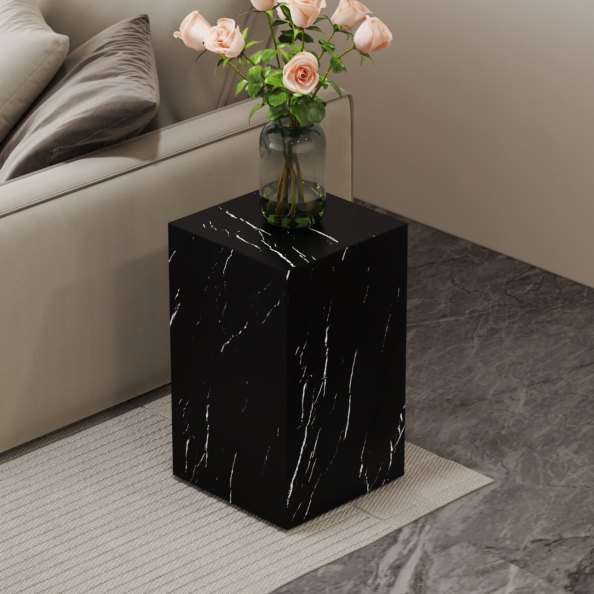 Elevate your living space with this contemporary MDF coffee table, showcasing a sleek black textured pattern.   It features a stylish  design.--1