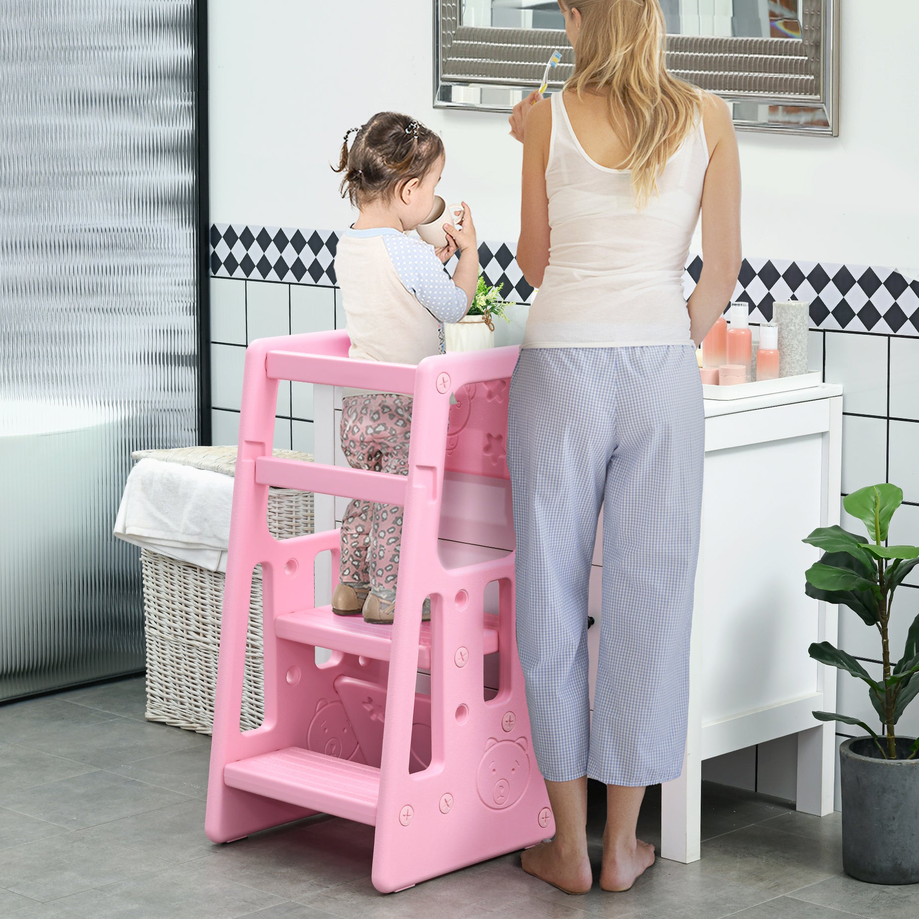 Qaba Toddler Tower with Adjustable Height, Toddler Kitchen Stool Helper with Anti-slip Mat, Step Stool for Kitchen, Bathroom, Pink--1