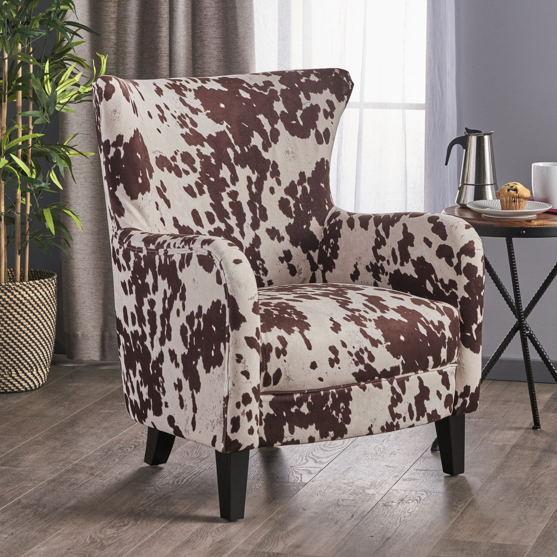 Classic Milk Cow Velvet Club Chair, Chic, Elegant Brown & White Armchair with Timeless Charm, Perfect for Stylish and Comfortable Living Spaces--1