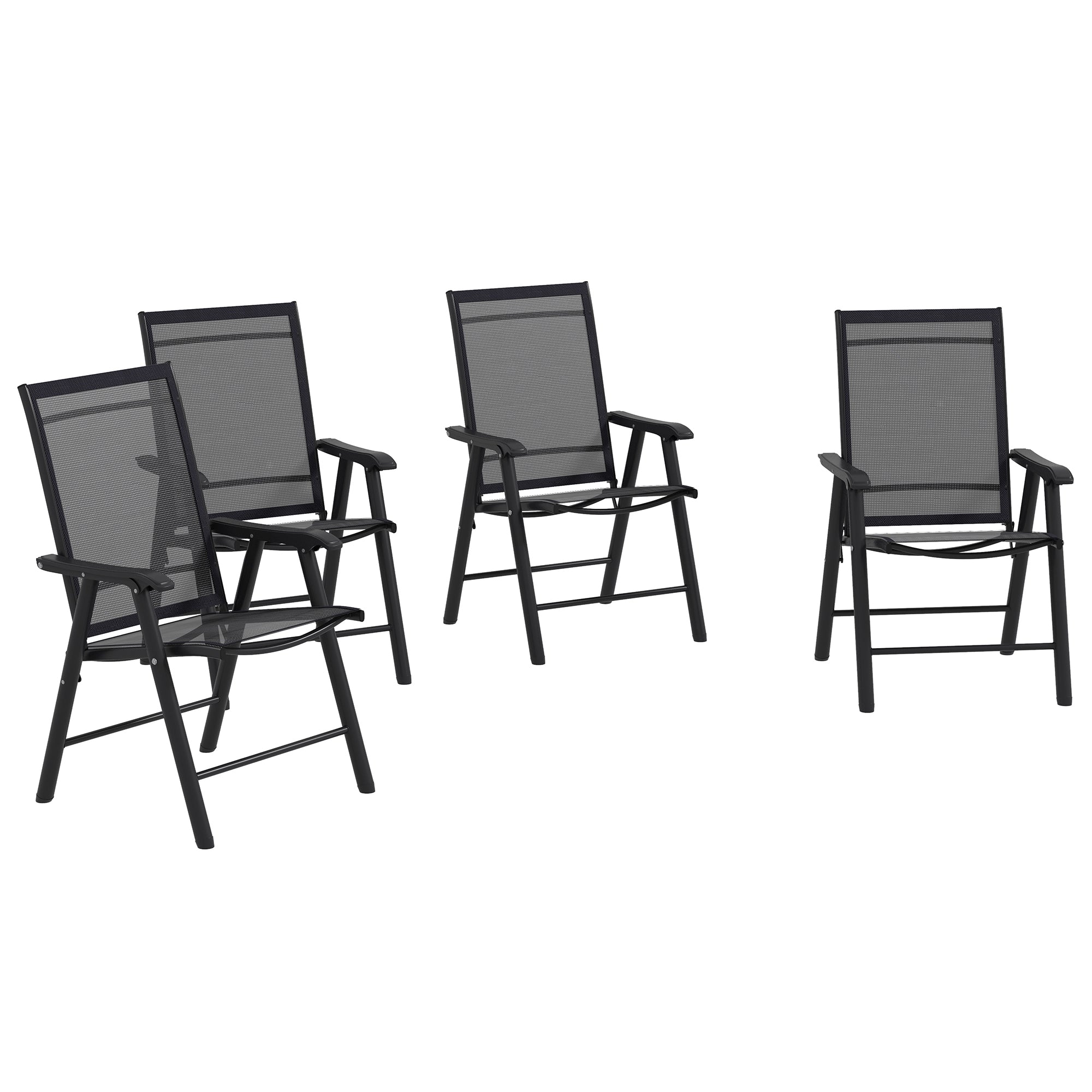 Outsunny Set of 4 Patio Folding Chairs, Stackable Outdoor Sling Patio Dining Chairs with Armrests for Lawn, Camping, Dining, Beach, Metal Frame, No Assembly, Black--1