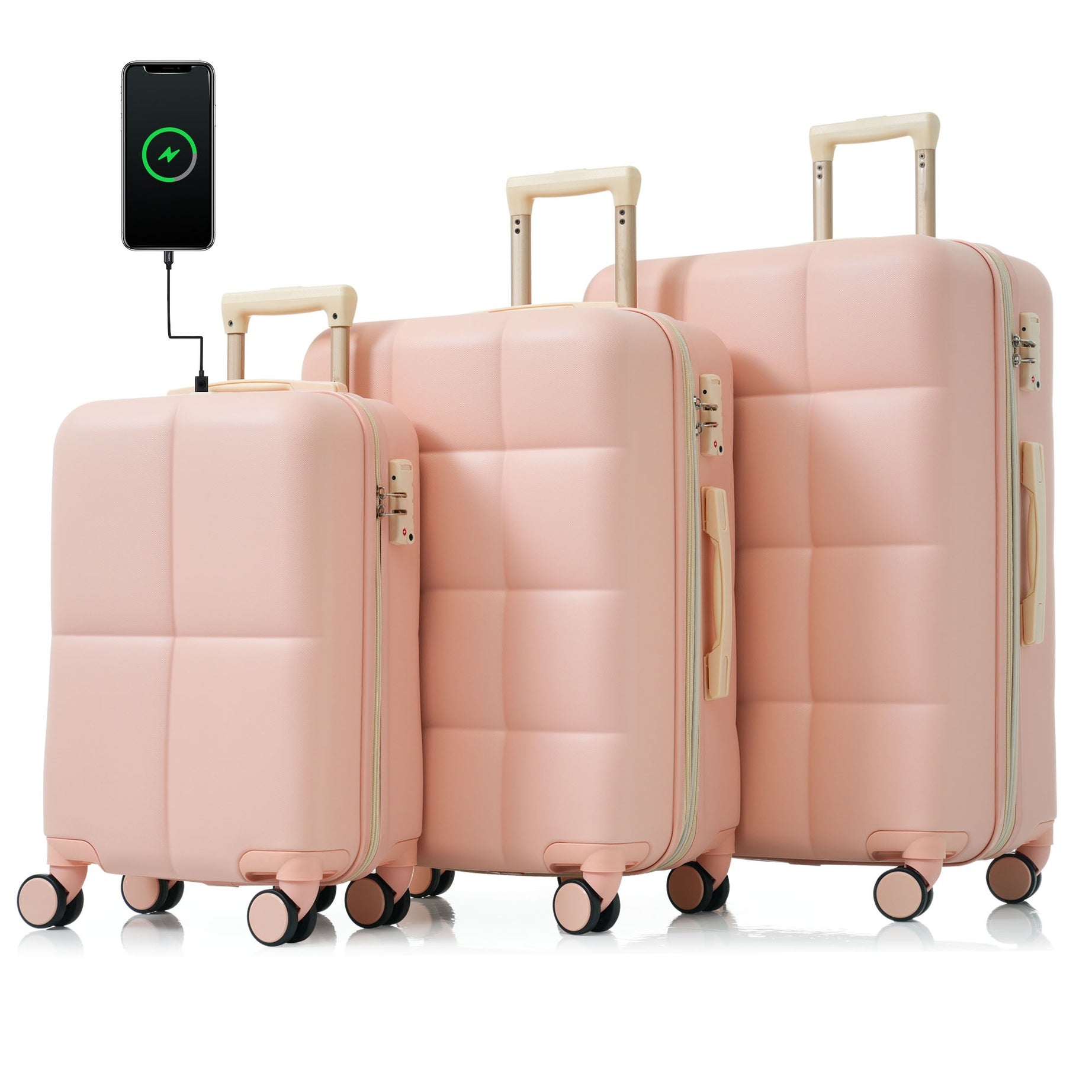 Luggage Set of 3, 20-inch with USB Port, Airline Certified Carry-on Luggage with Cup Holder, ABS Hard Shell Luggage with Spinner Wheels, pink--1