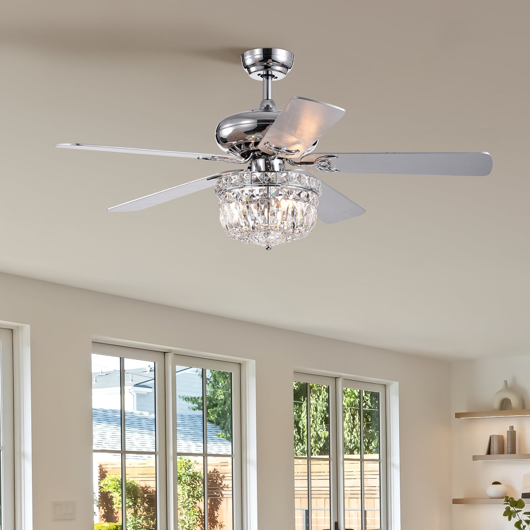 52 Inch Crystal Chandelier Fan  Dual Finish Reversible Blades, Fandelier,Ceiling Fan With Remote Control 3 Speed (Low,Mid,High) for Living Room, Dining Room, Bedroom, Family Room, Chrome--1