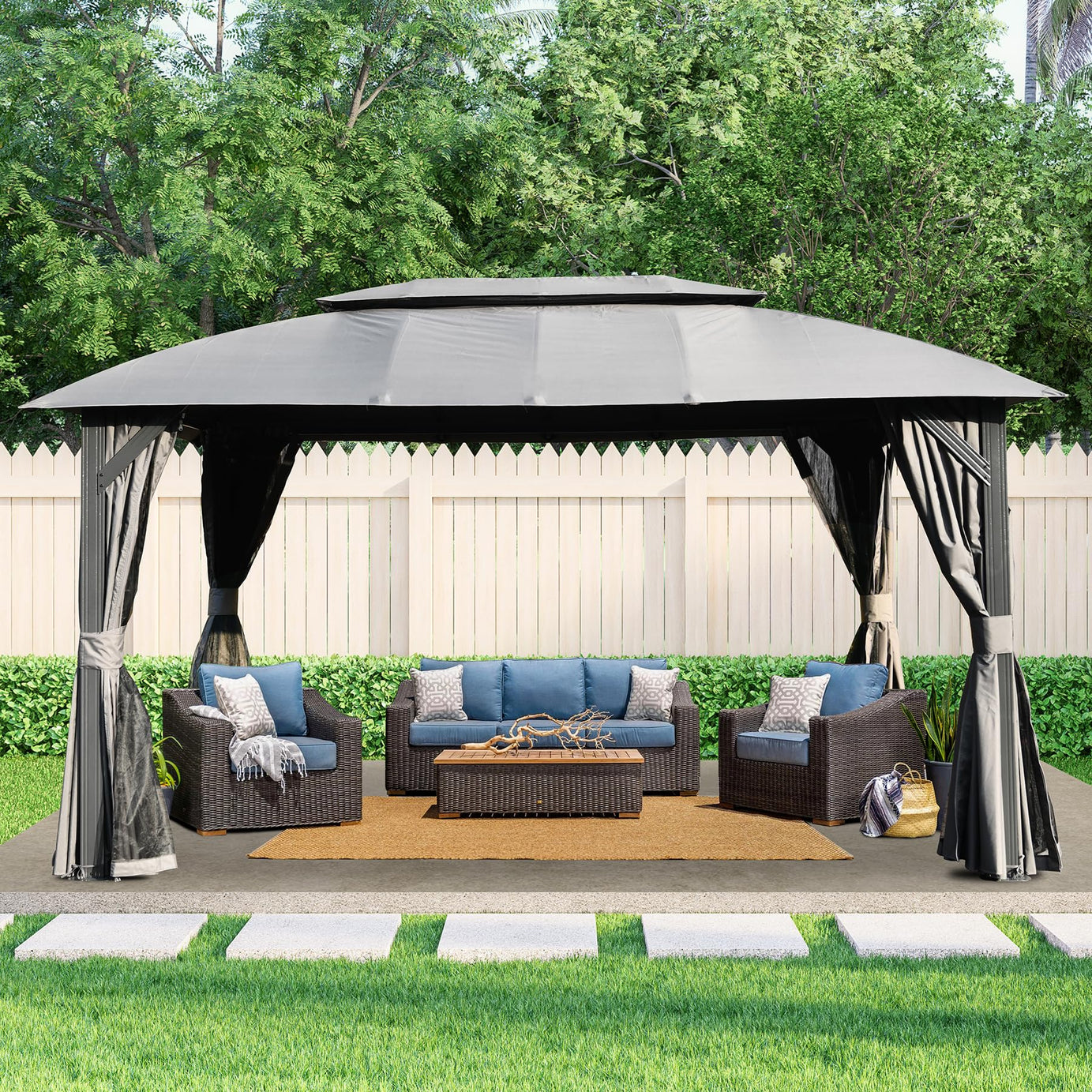 Gazebo 10x14FT, Outdoor Gazebo with Double Roofs, Privacy Curtains, Mosquito Nettings, Heavy Duty Metal Frame Party Tent Canopy for Patio, Backyard, Deck, Lawn, Grey--1