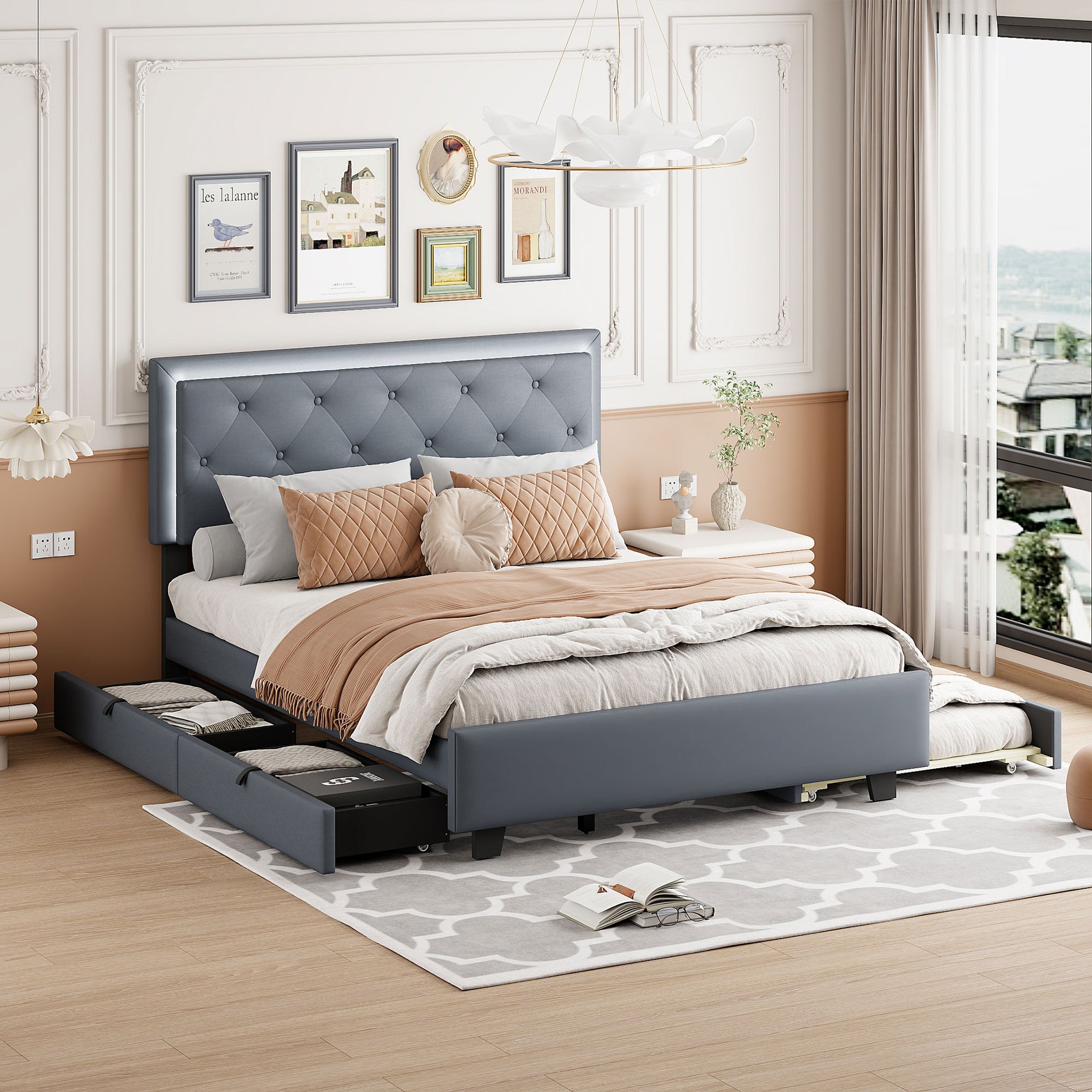 Queen Size  Velvet Storage Platform Bed, with 2 Big Drawers, Twin XL Size Trundle and LED Light, Gray--1