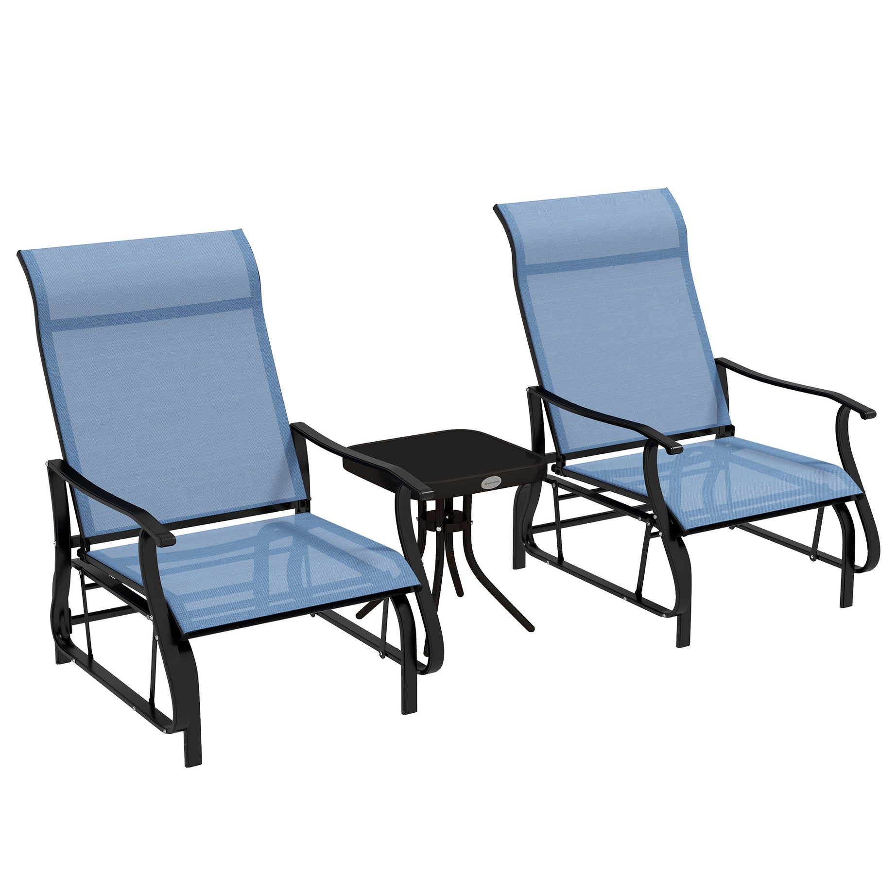 Outsunny 3-Piece Outdoor Gliders Set Bistro Set with Steel Frame, Tempered Glass Top Table for Patio, Garden, Backyard, Lawn, Light Blue--1