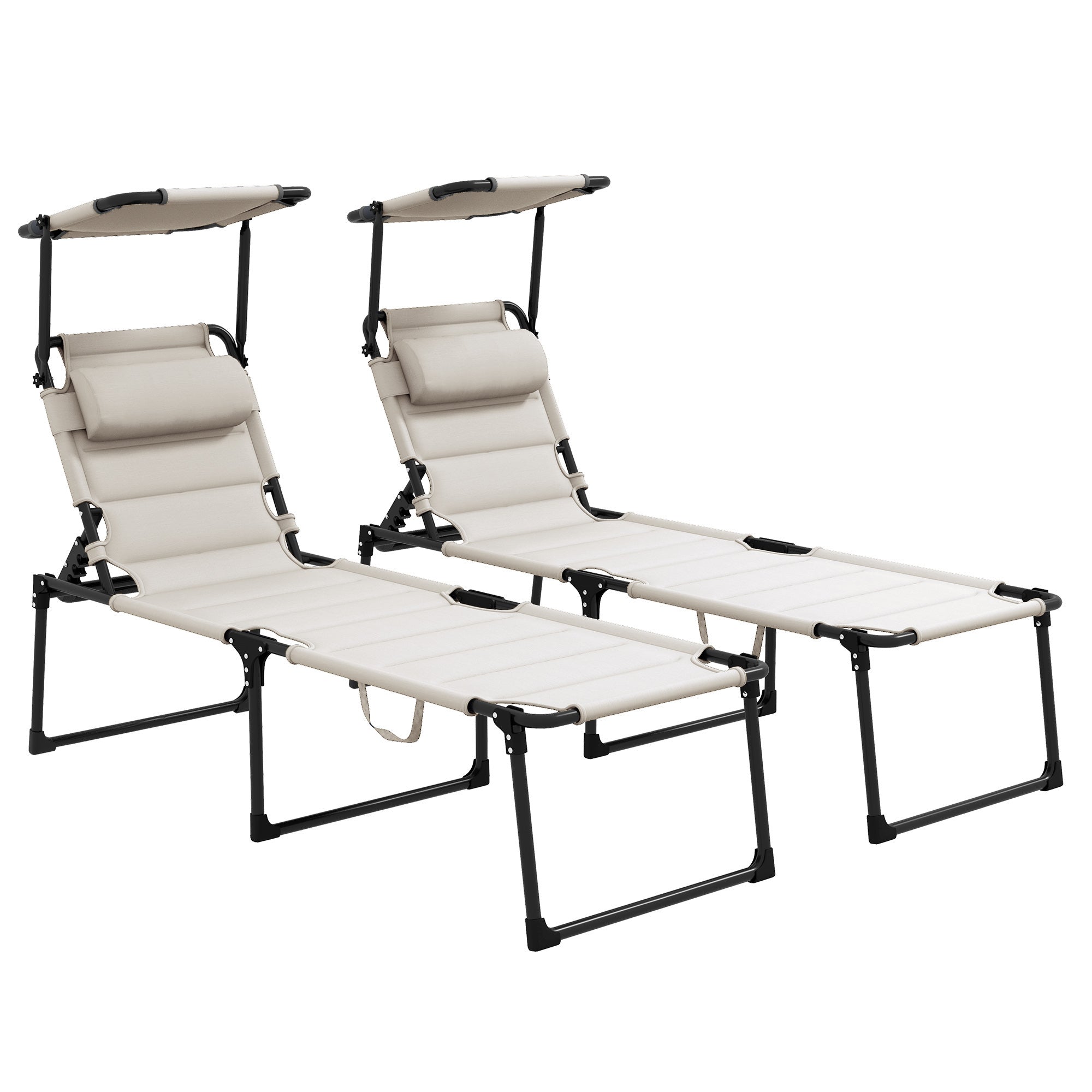 Outsunny 2 Pcs Outdoor Lounge Chair, Adjustable Backrest Folding Chaise Lounge, Cushioned Tanning Chair w/ Sunshade Roof & Pillow Headrest for Beach, Camping, Hiking, Cream White--1