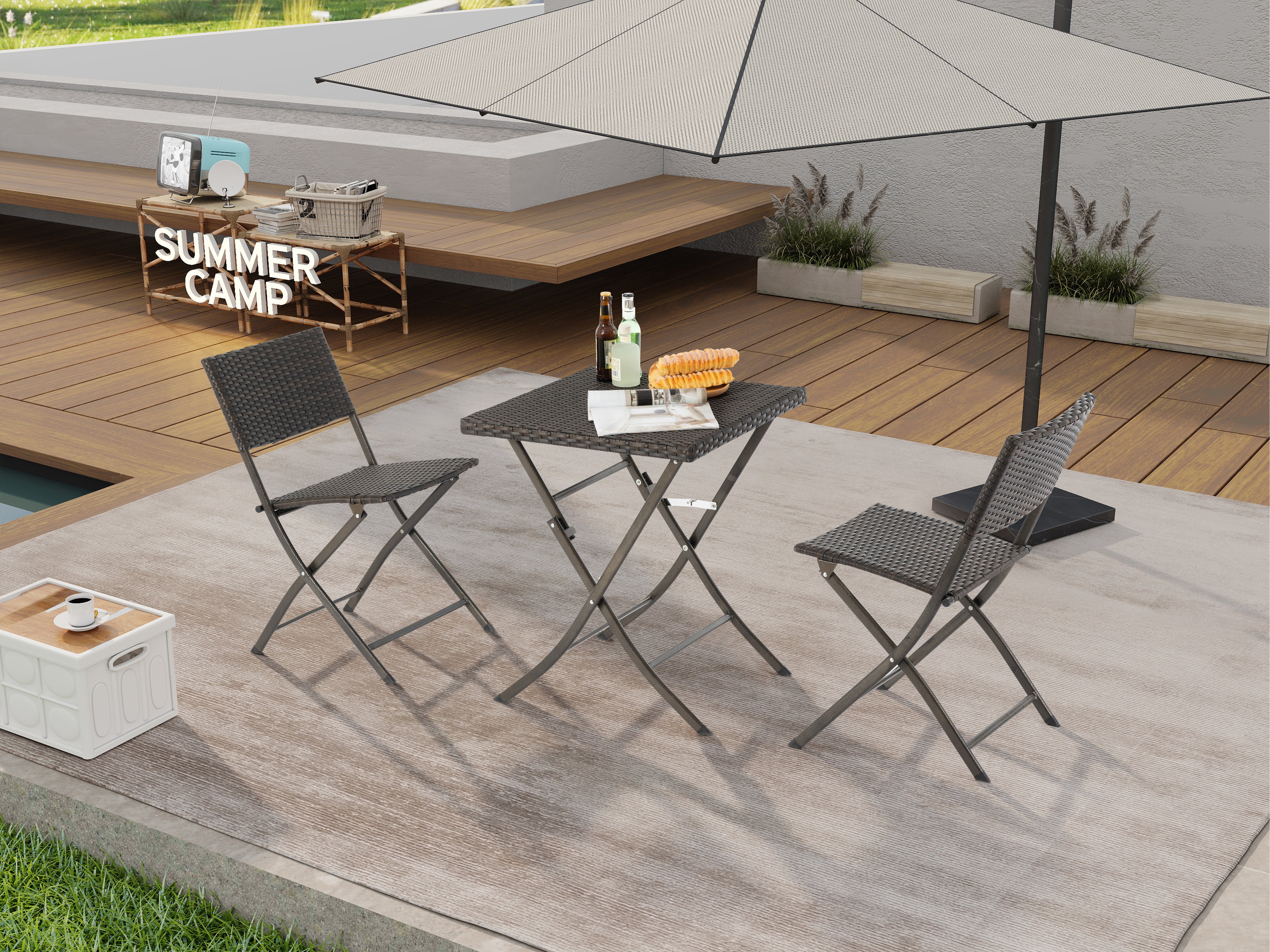 Rattan Patio Bistro Set, 3 Piece Foldable Outdoor Patio Furniture Sets, with Folding Table and Two Chairs, for Garden, Backyard, Pool, Lawn, Porch, Balcony, All Weather Rattan Style--1