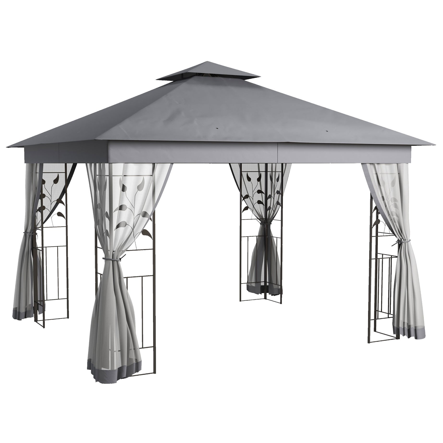 Outsunny 10' x 11.5' Metal Patio Gazebo, Double Roof Outdoor Gazebo Canopy Shelter with Tree Motifs Corner Frame and Netting, for Garden, Lawn, Backyard, and Deck, Gray--1