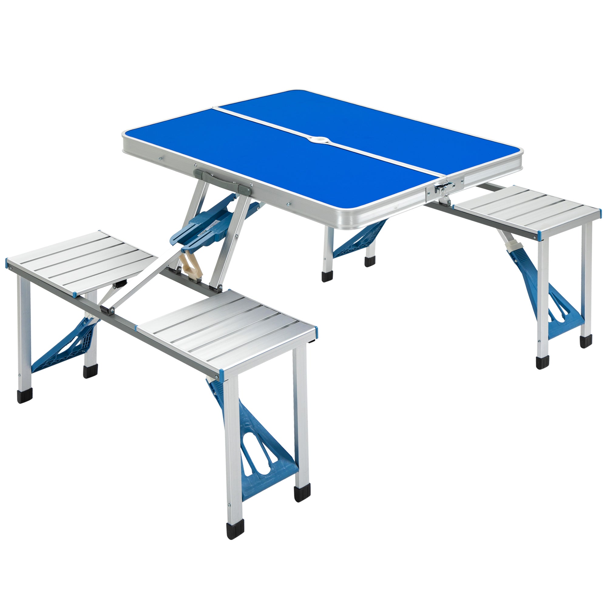 Outsunny Folding Picnic Table with Umbrella Hole, Aluminum Suitcase Portable Outdoor Table with Bench, Patio, Porch or Camping Table and Chair Set, Ocean Blue--1