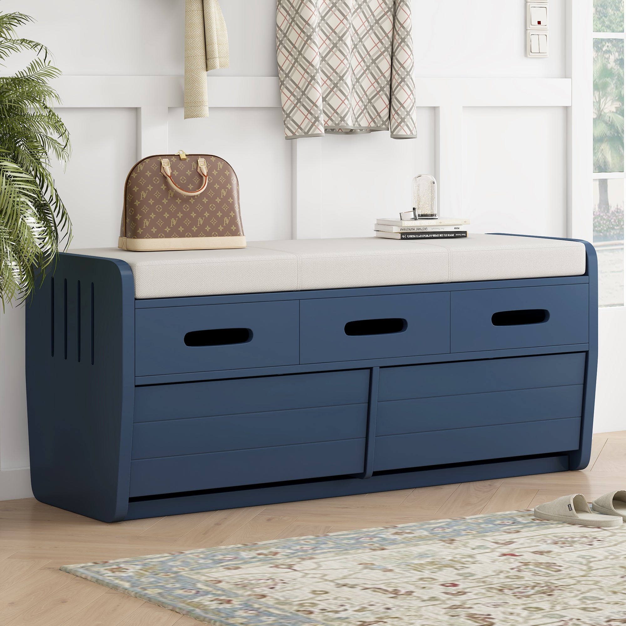 TREXM Rustic Storage Bench with 2 Drawers, Hidden Storage Space, and 3 False Drawers at the Top, Shoe Bench for Living Room, Entryway (Navy)--1