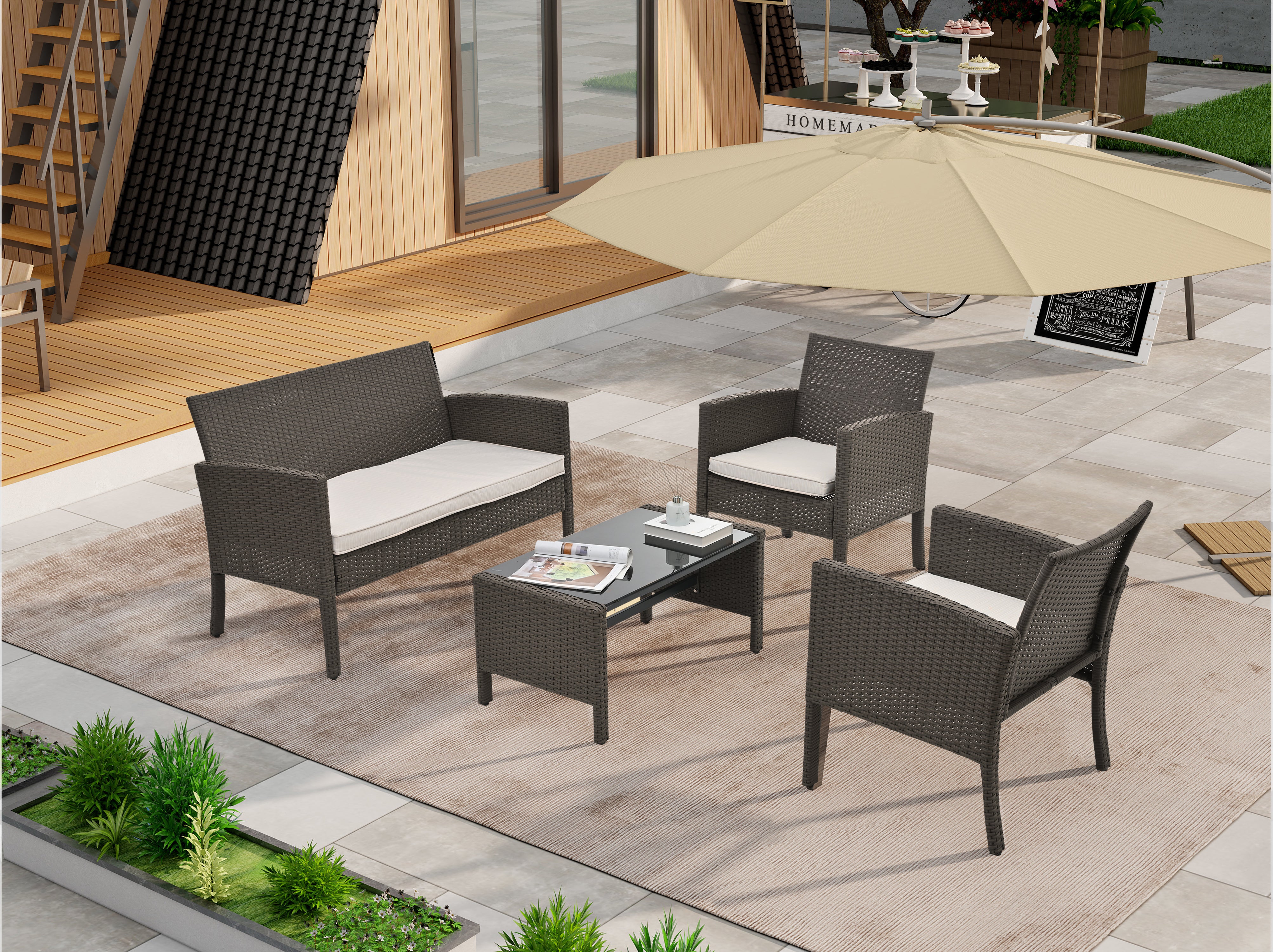 4 Pieces Outdoor Furniture Set PE Wicker Ratten Chairs Set Conversation Set Balcony Furniture with Cushion and Table for Backyard, Garden, Porch and Poolside--1