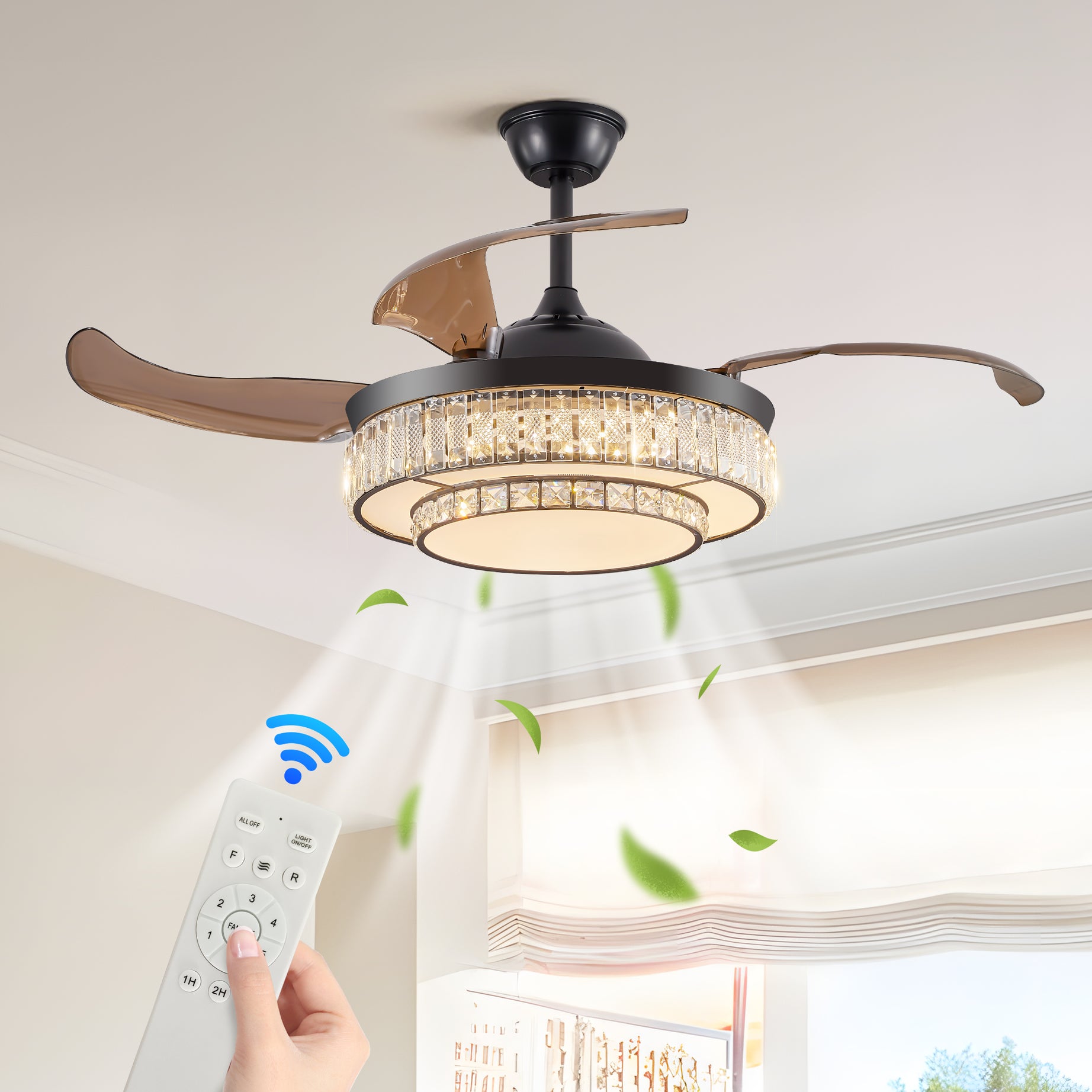 Contemporary LED Retractable Ceiling Fan with Light and Remote Control, Quiet Reversible Motor,4 Blades Modern Ceiling Fans for Kitchen Bedroom Dining Room Patio--1