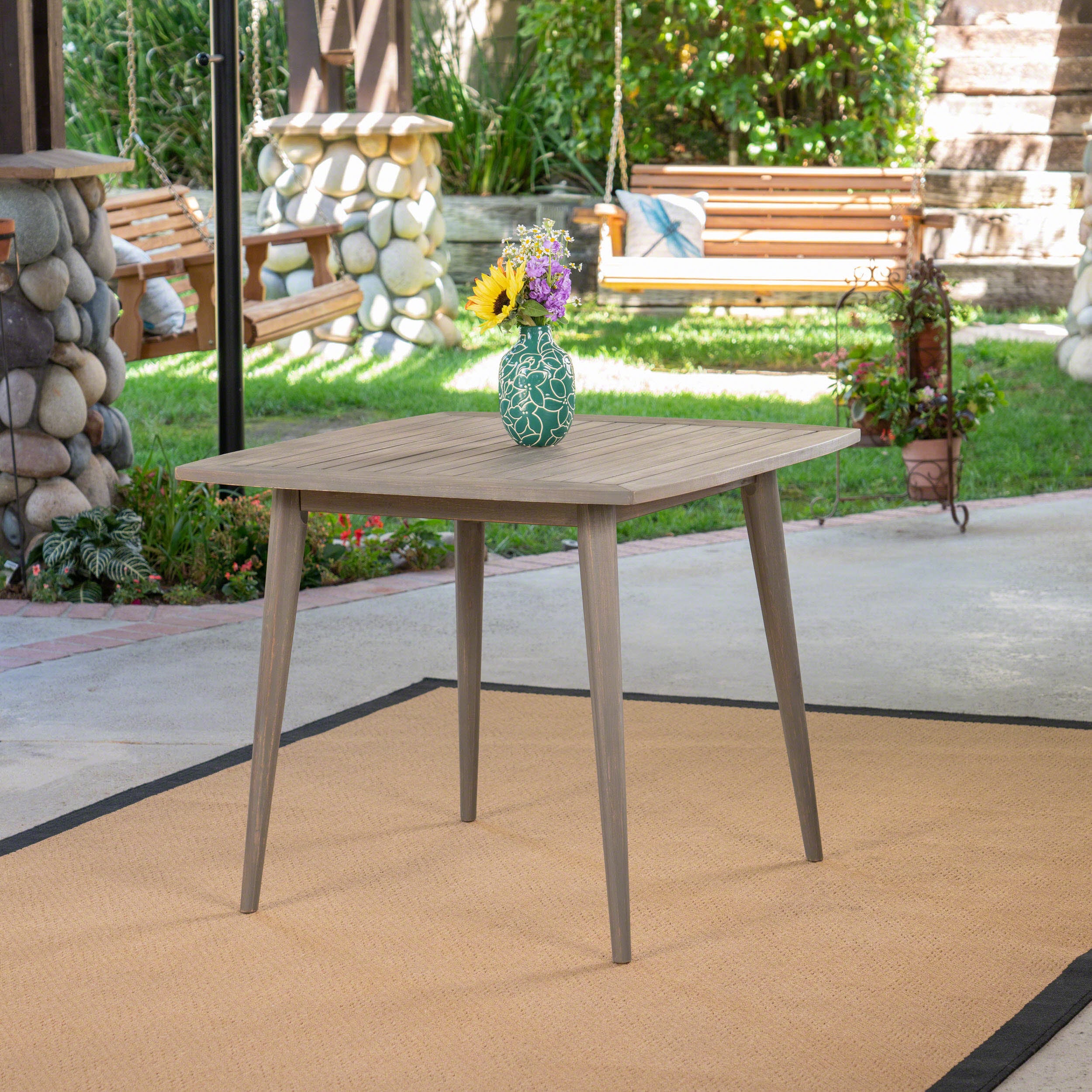 Outdoor Square Acacia Wood Table with Straight Legs, Gray--1