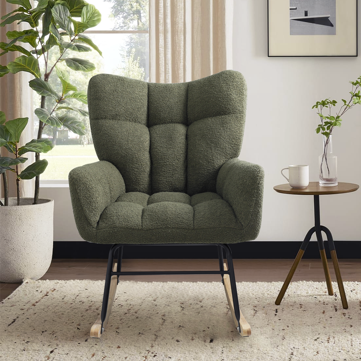 Teddy Fabric Rocking Chair, Upholstered Rocker Armchair with High Backrest, Modern Rocking Accent Chair for Nursery, Living Room, Bedroom, Olive Green--1