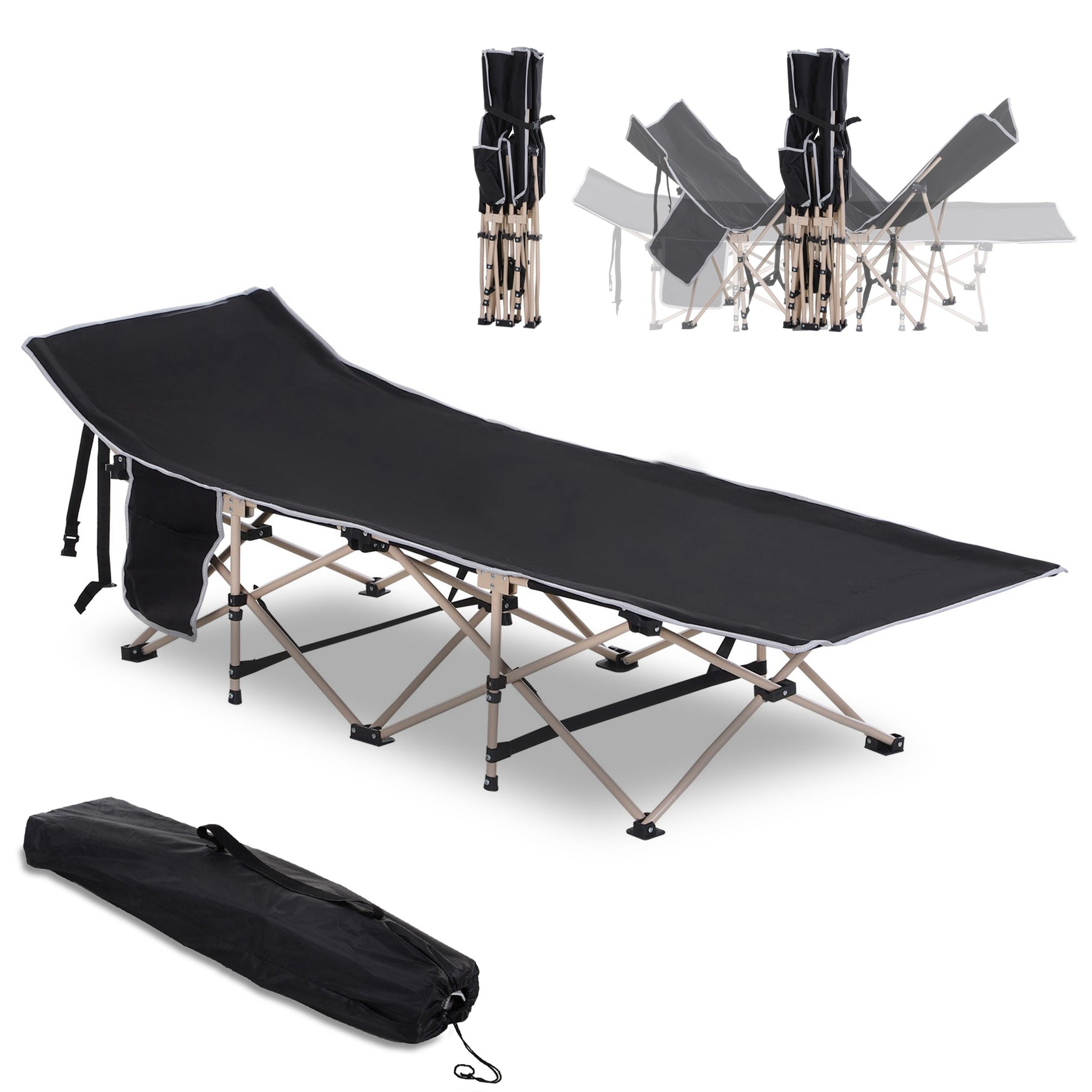 Outsunny Folding Camping Cot for Adults with Carry Bag, Side Pocket, Outdoor Portable Sleeping Bed for Travel, Camp, Vacation, 330 lbs. Capacity, Black--1