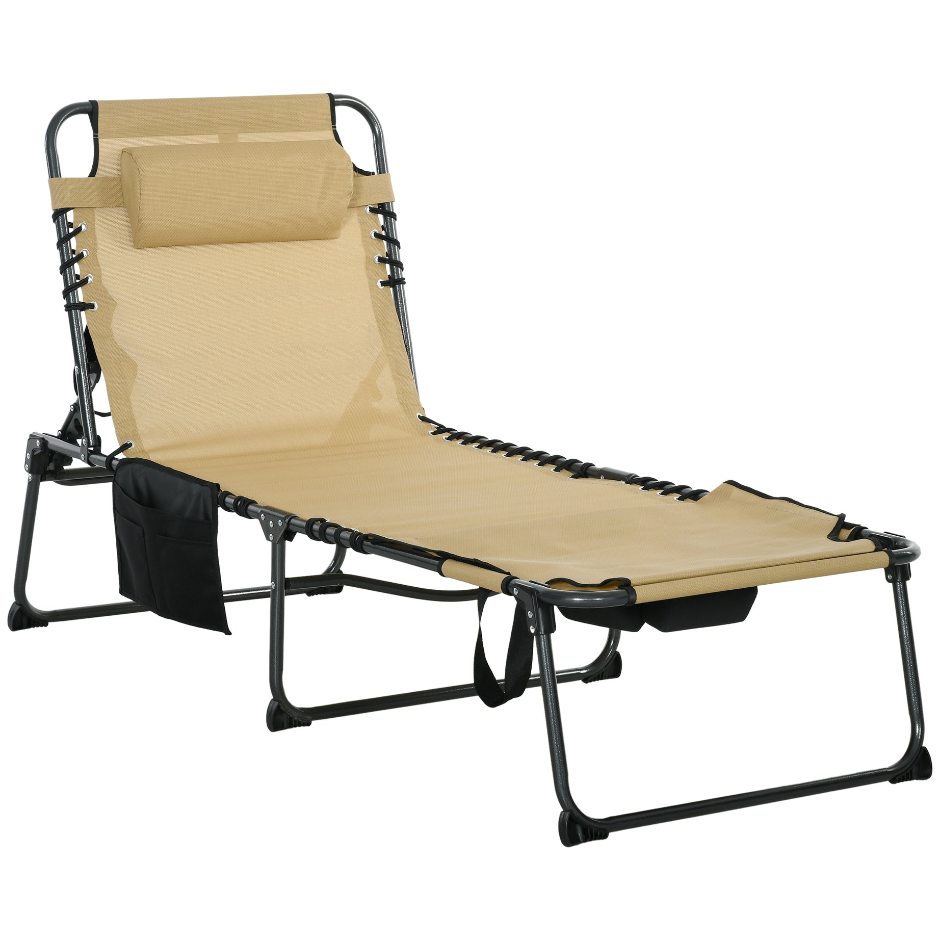 Outsunny Folding Chaise Lounge with 5-level Reclining Back, Outdoor Tanning Chair with Reading Face Hole, Outdoor Lounge Chair with Side Pocket & Headrest for Beach, Yard, Patio, Beige--1