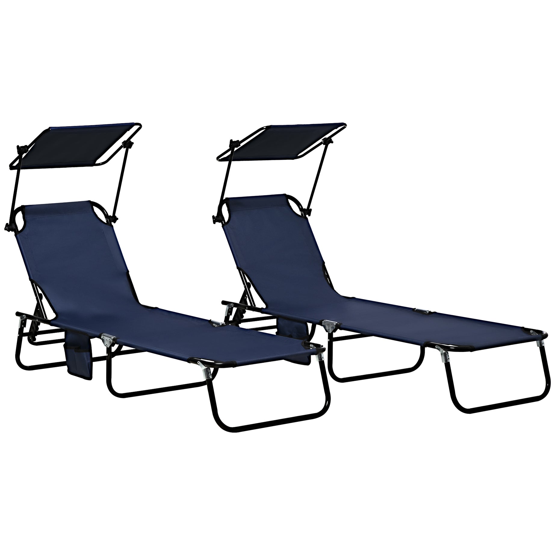 Outsunny Folding Chaise Lounge Pool Chairs, Outdoor Sun Tanning Chairs with Canopy Shade, Reclining Back, Steel Frame and Side Pocket for Beach, Yard, Patio, Dark Blue--1