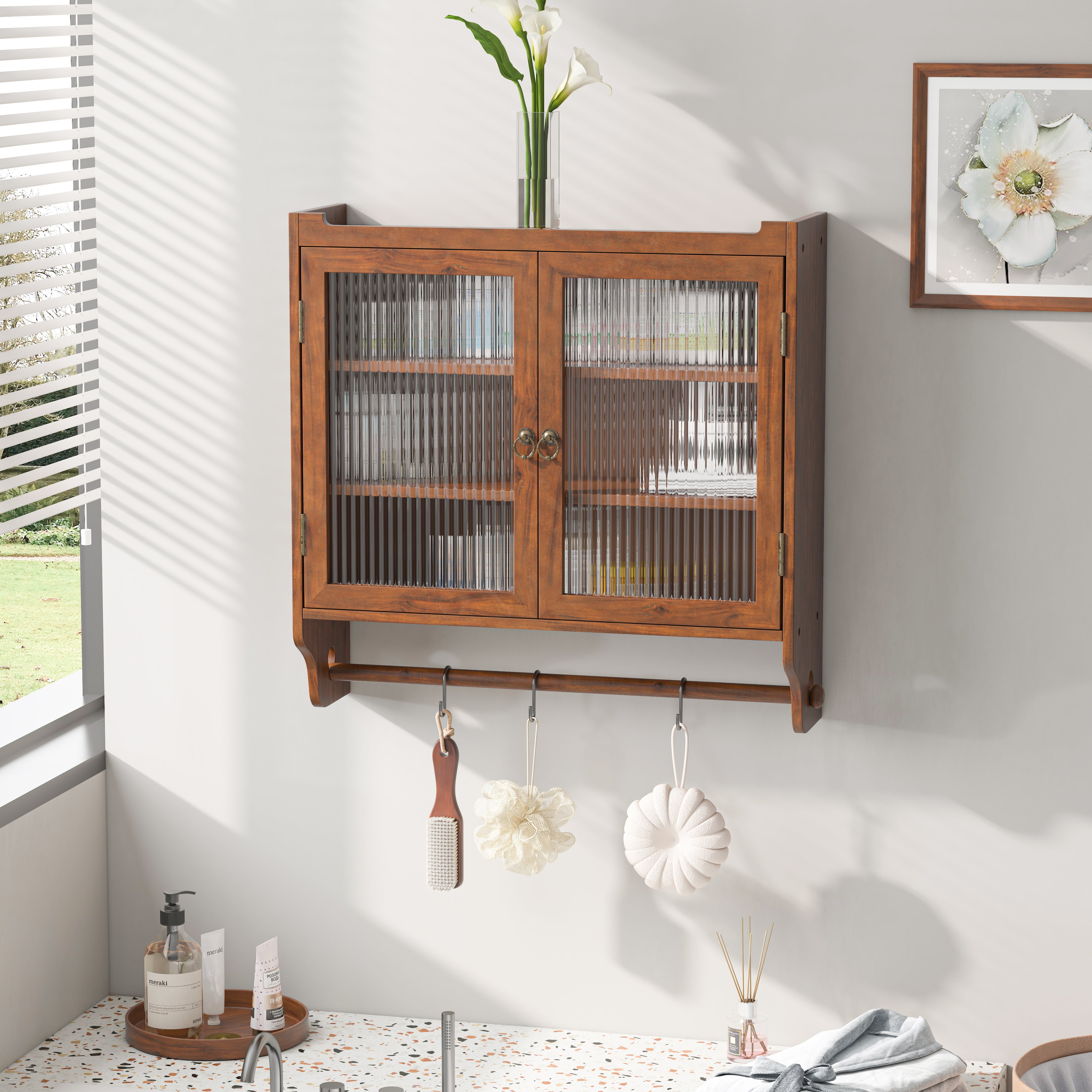 24.8"Glass Door Vintage Double Door Wall Cabinet with Three Tiers of Storage with Towel Rack, for Bathroom, Kitchen,Dining Room,Brown--1