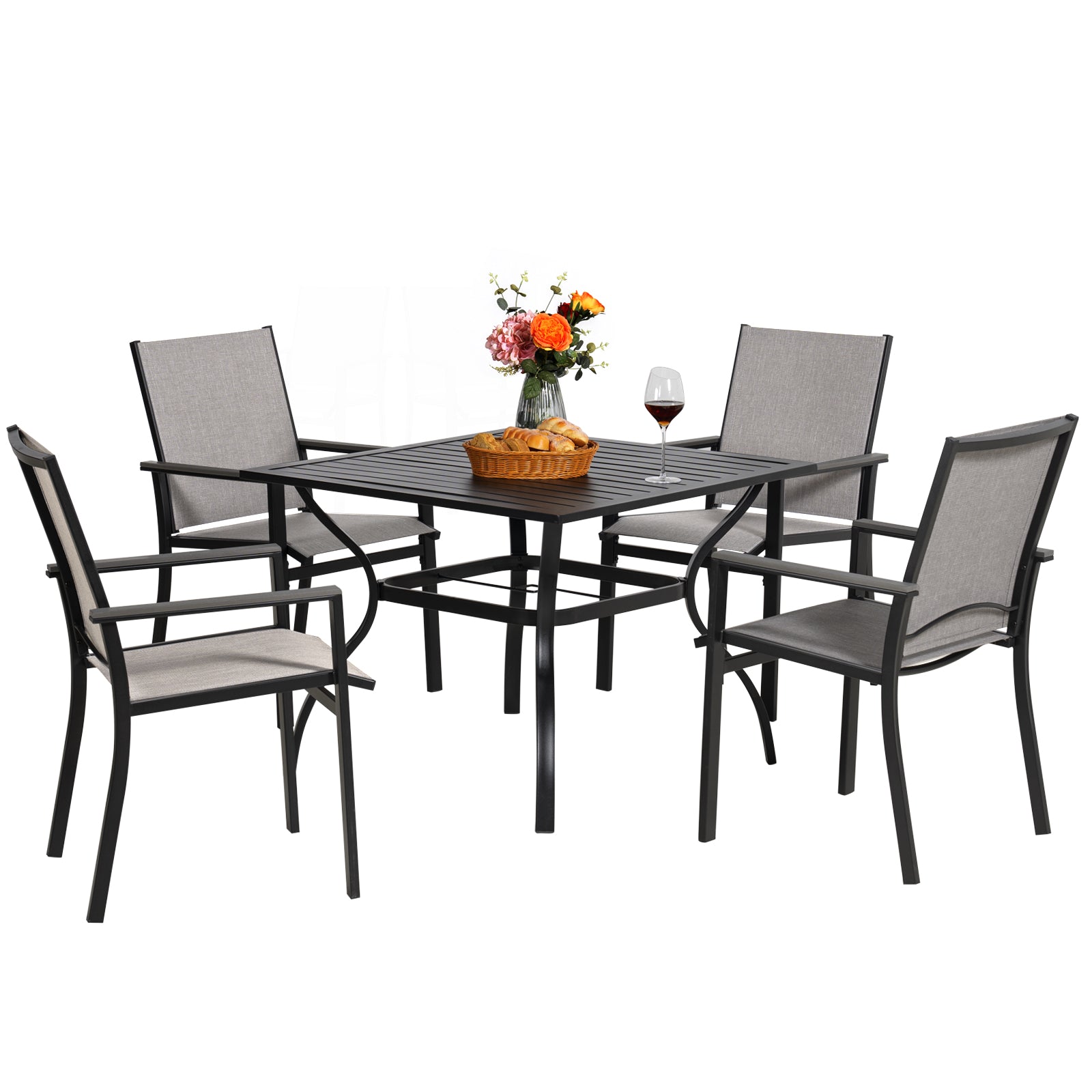 5pcs Outdoor Dining Set, Square Metal Dining Table and 4 Textilene Dining Chairs, with 1.57" Umbrella Hole--1