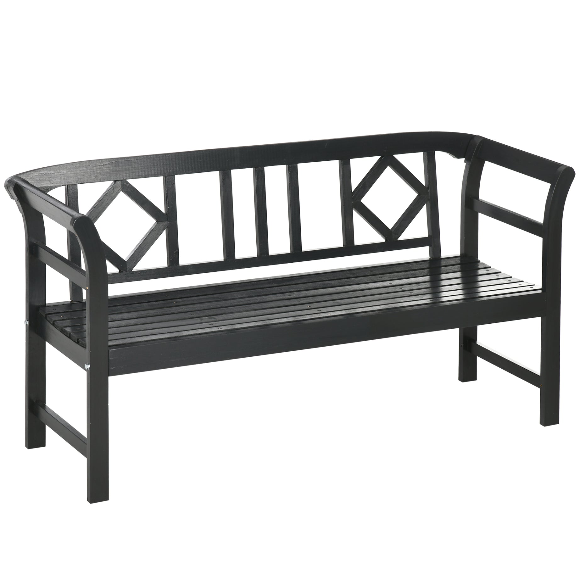 Outsunny Wooden Patio Bench, Outdoor Garden Bench with Backrest and Armrests, 3 Person Porch Bench with Rustic Country Diamond Pattern, Black--1