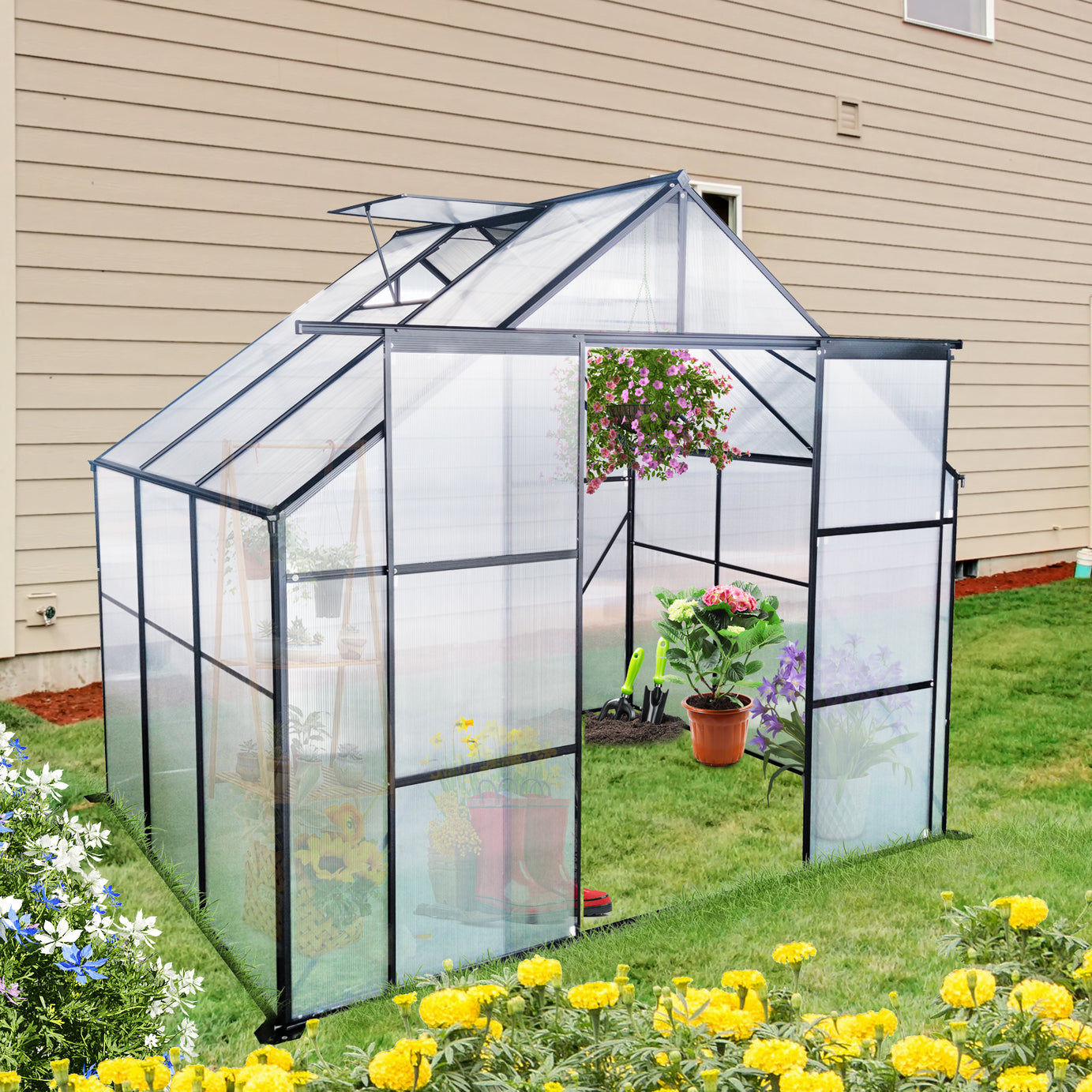 8X6FT-Black Double Door Polycarbonate Greenhouse Raised Base and Anchor Aluminum Heavy Duty Walk-in Greenhouses for Outdoor Backyard in All Season--1