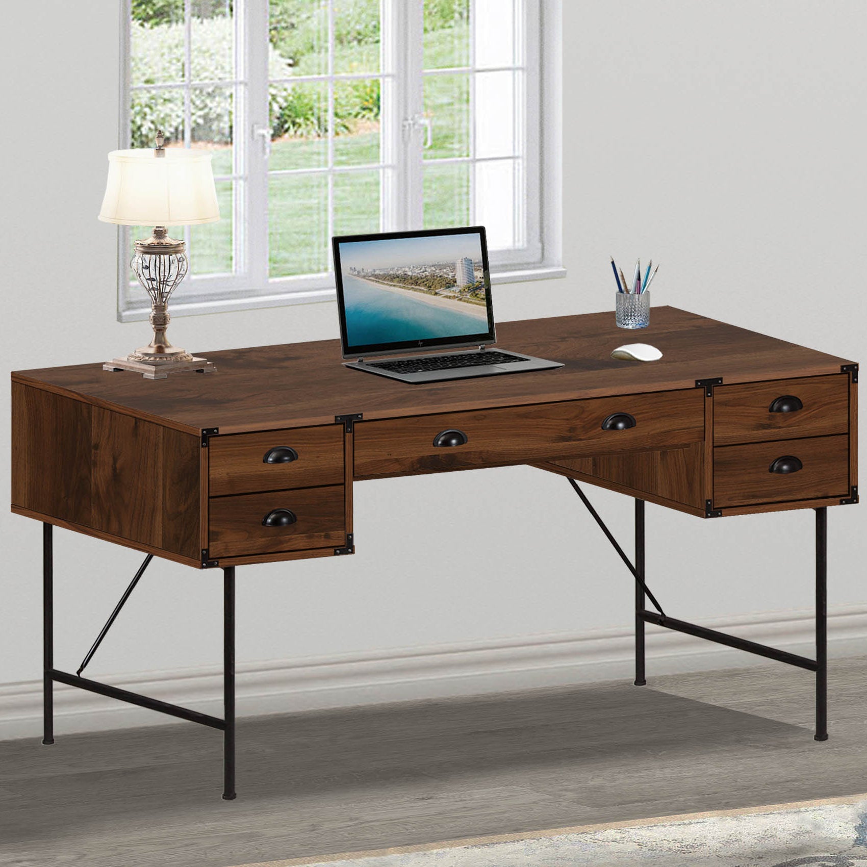 59" Writing Desk "Versatile Walnut Office Desk with Contemporary Metal Frame & Multiple Storage Drawers"--1