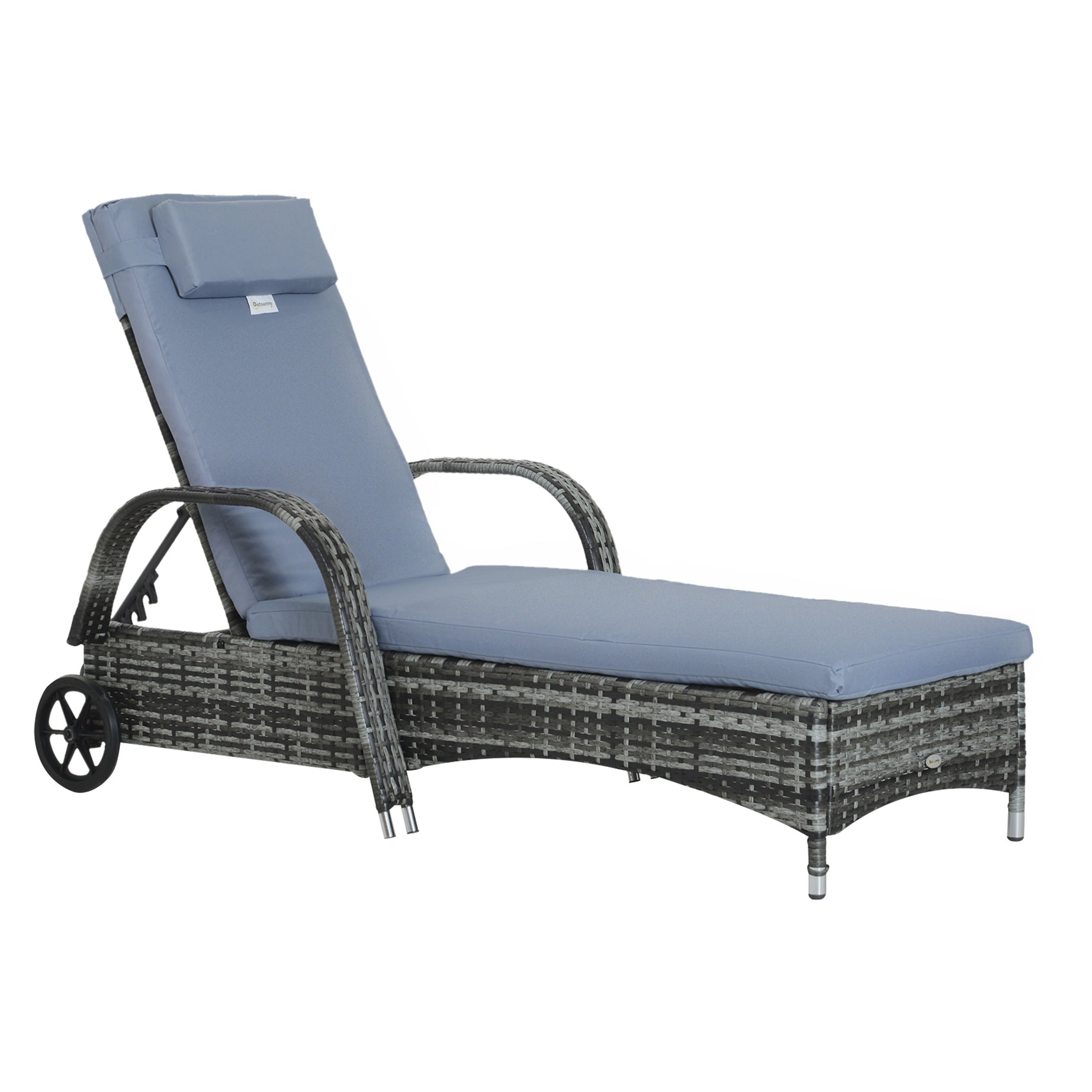 Outsunny Wicker Outdoor Chaise Lounge, 5-Level Adjustable Backrest PE Rattan Pool Lounge Chair with Wheels, Cushion & Headrest, Mixed Gray and Gray--1