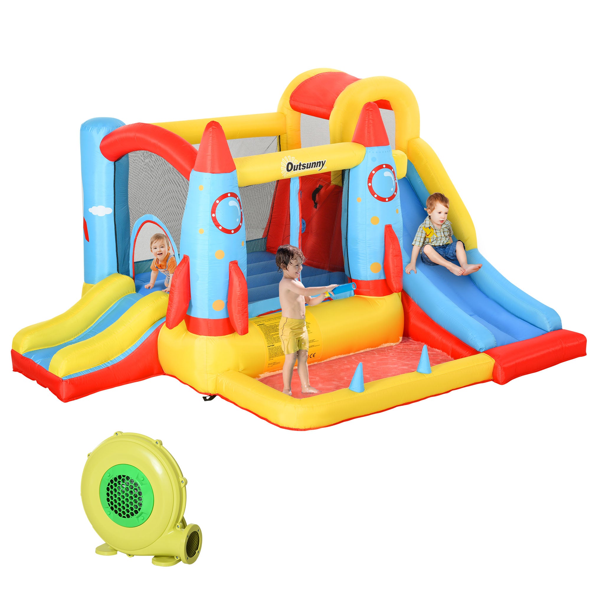 Outsunny Kids Inflatable Water Slide, 4-in-1 Bounce House Jumping Castle with 2 Slides, Climbing Wall, Trampoline, & Water Pool Area, Air Blower--1