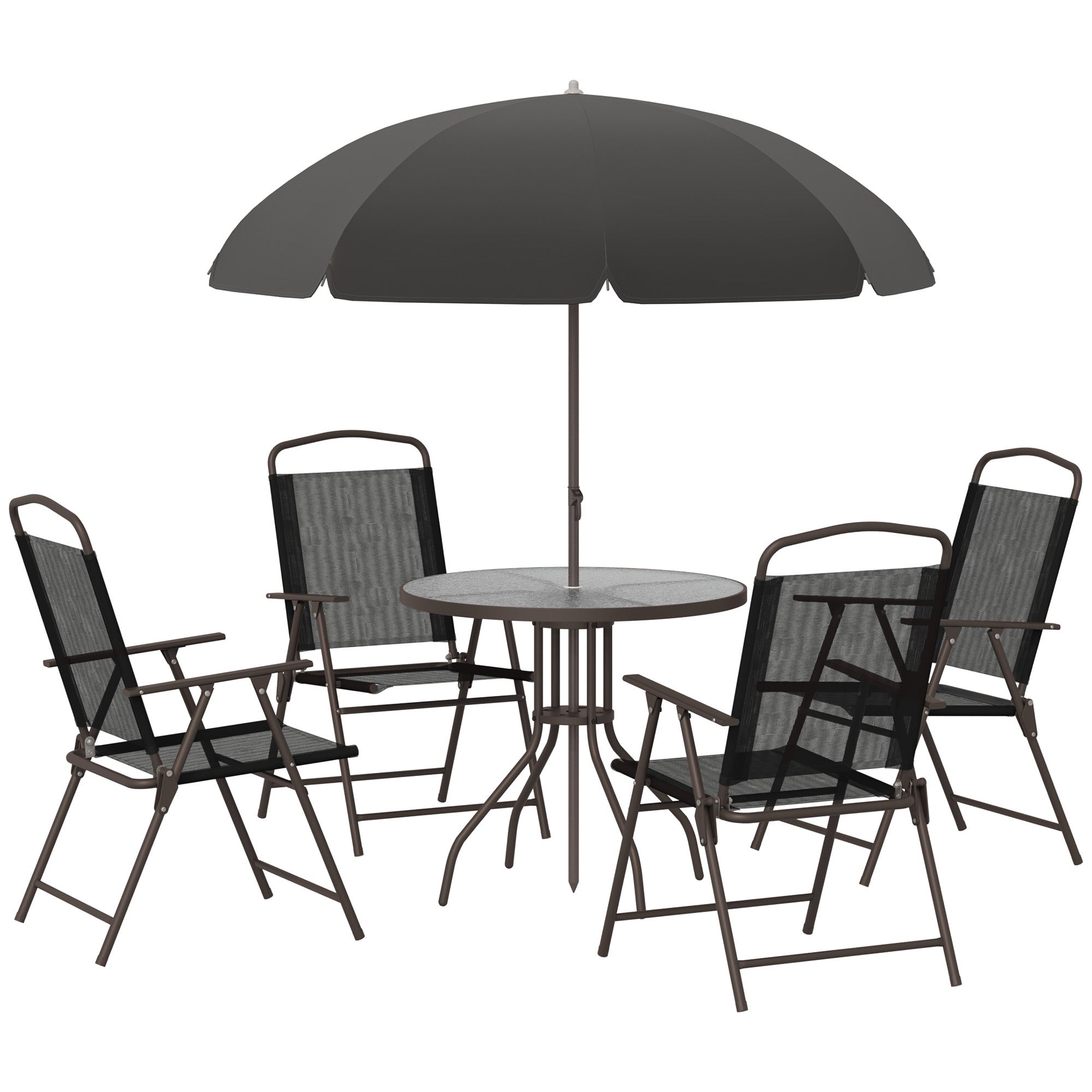 Outsunny 6 Piece Patio Dining Set for 4 with Umbrella, Outdoor Table and Chairs with 4 Folding Dining Chairs & Round Glass Table for Garden, Backyard and Poolside, Black--1