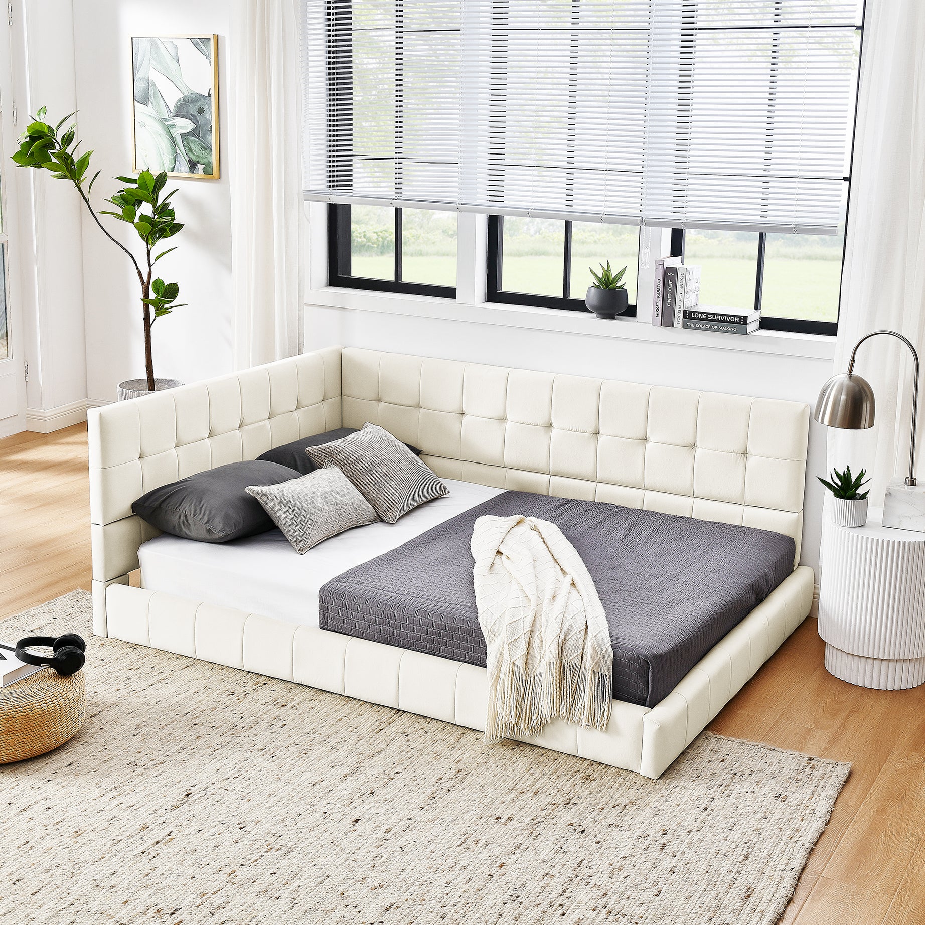 Full Size Upholstered Tufted Bed Frame, Sofa Bed Frame with Comfortable Backrest and Armrests, Full Size Bed for Bedroom, Living Room,Velvet, Beige(80.5''*59''*30.5'')--1