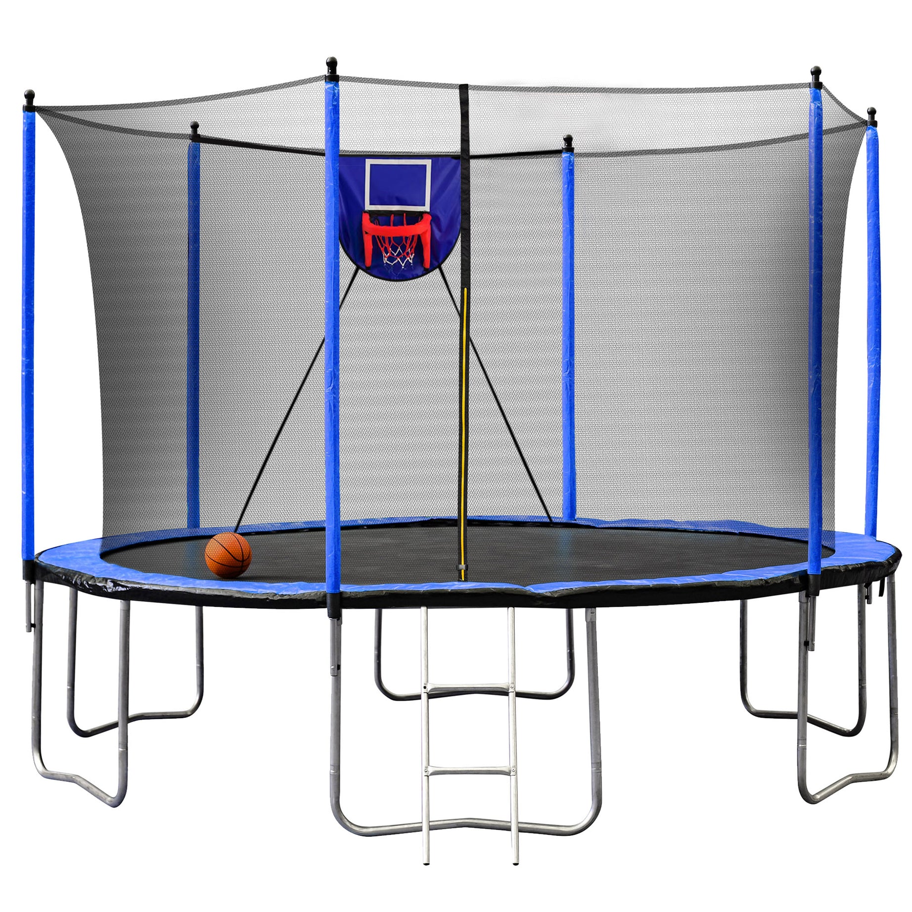 15FT Trampoline with Basketball Hoop Inflator and Ladder, 6pcs extra safety net pole sleeves- Blue--1